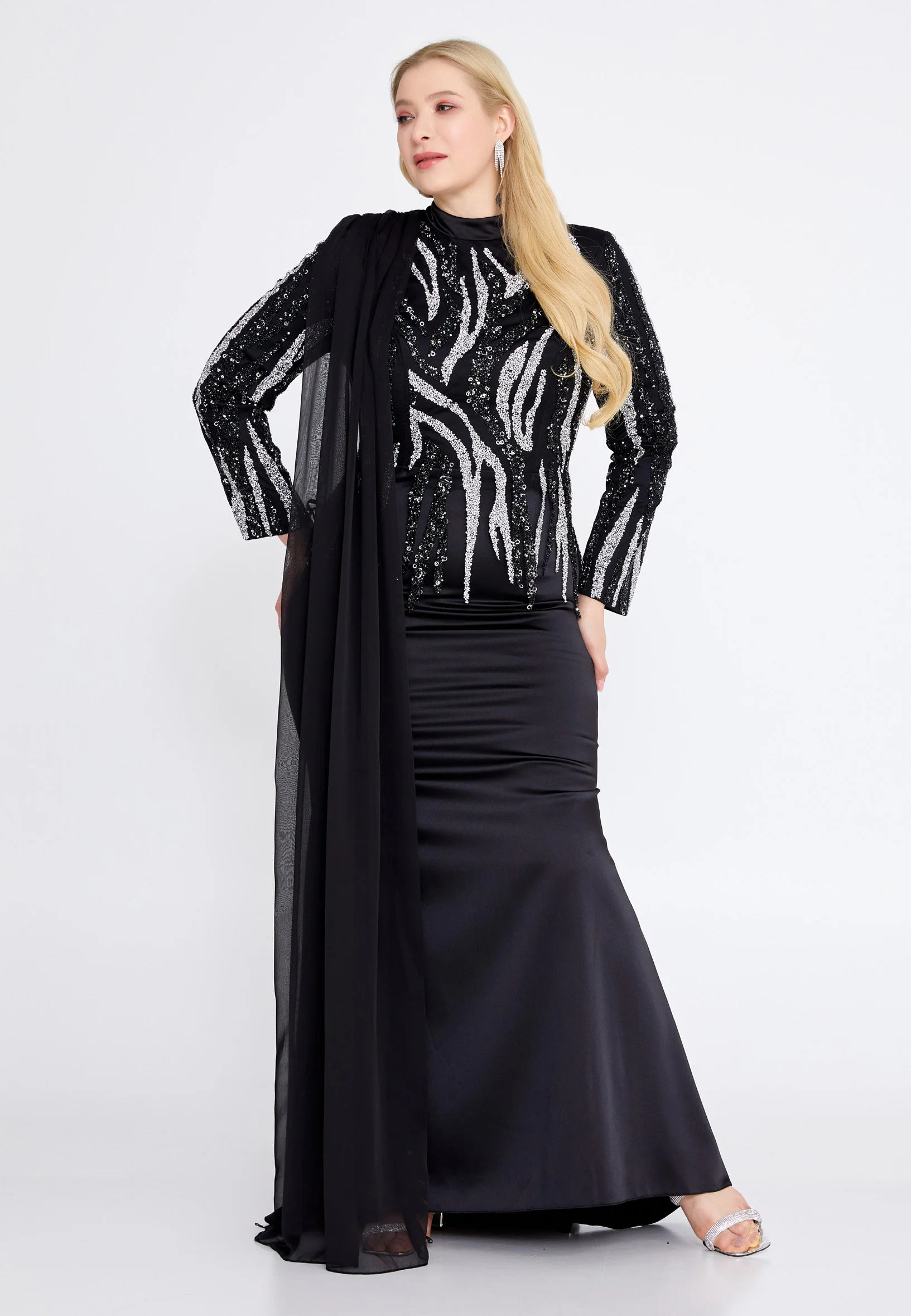 Long Sleeve Maxi Satin Column Plus Size Wedding Guest Dress gzk1005-1