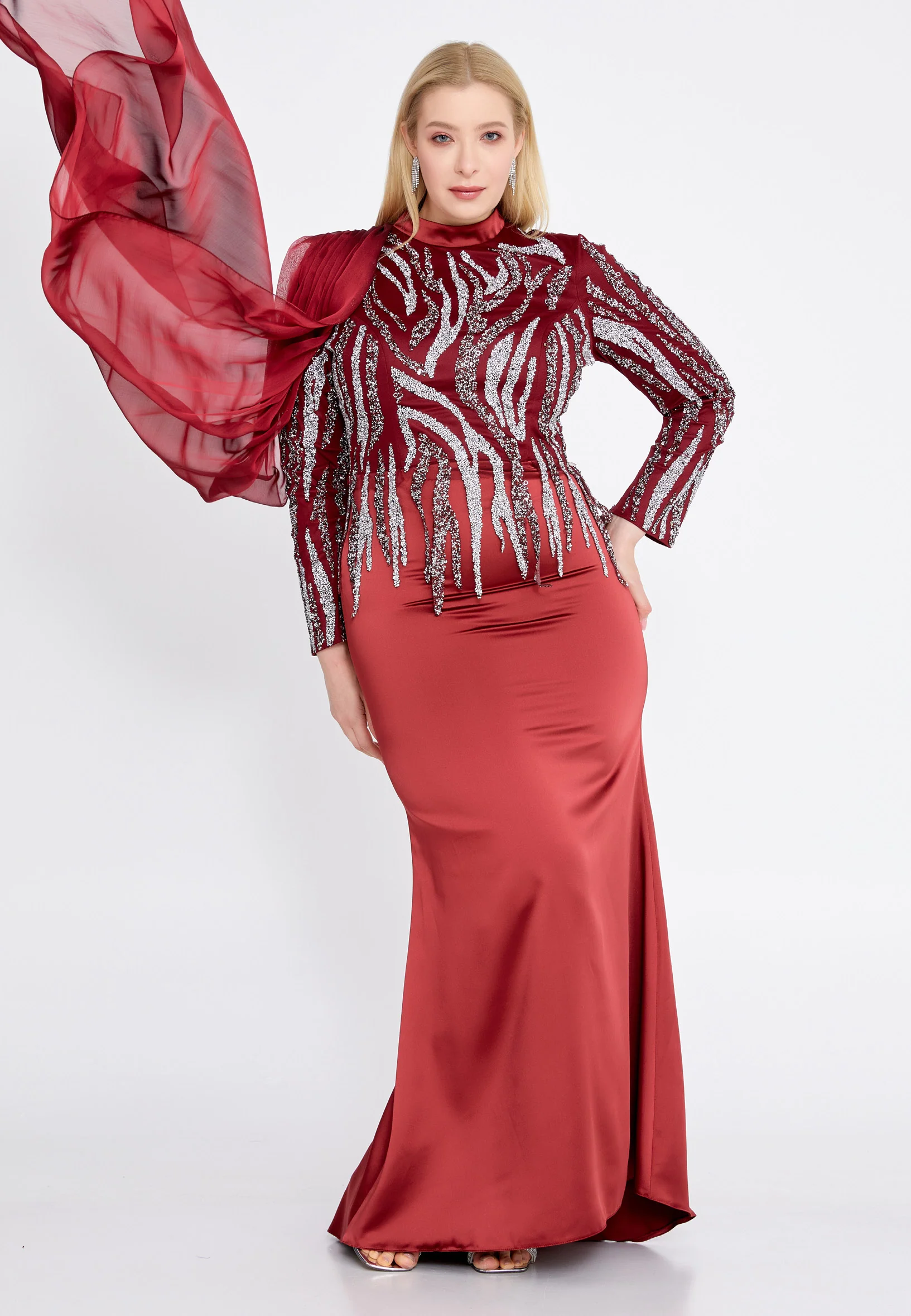 Long Sleeve Maxi Satin Column Plus Size Wedding Guest Dress gzk1005-1 - Image 5