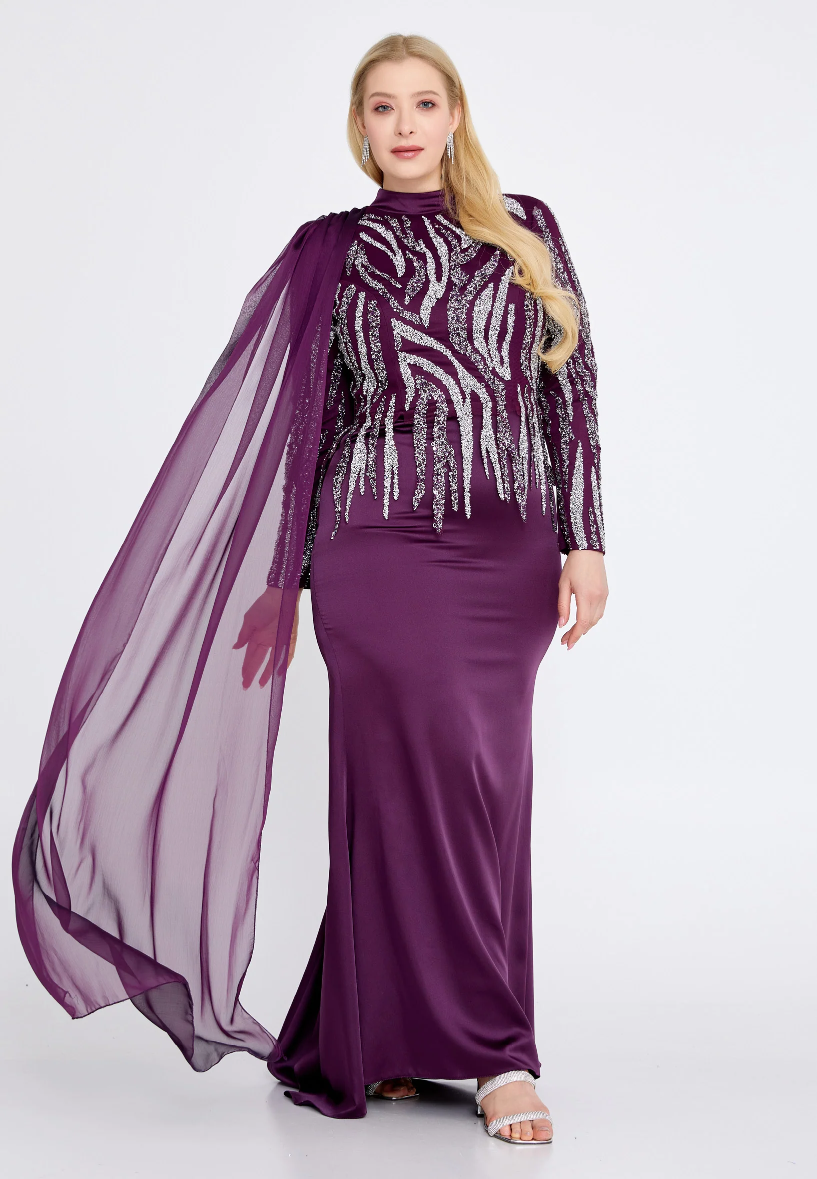 Long Sleeve Maxi Satin Column Plus Size Wedding Guest Dress gzk1005-1 - Image 9
