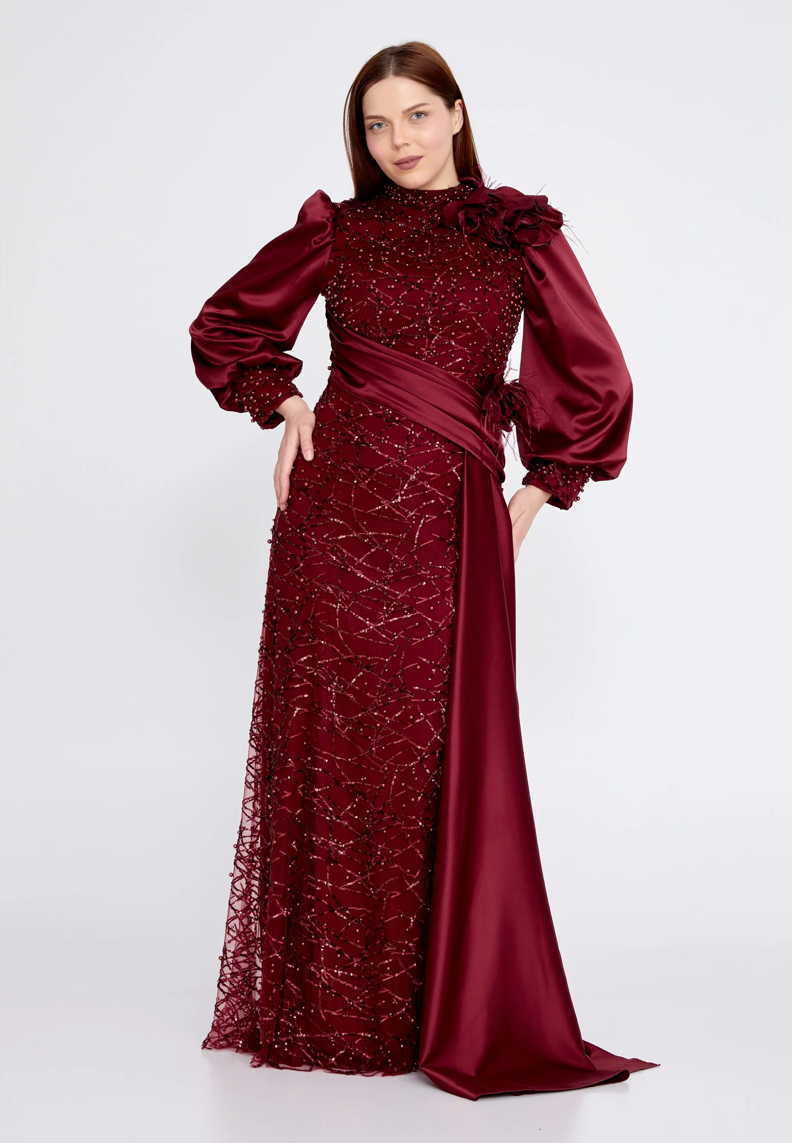 Long Sleeve Maxi Satin Column Plus Size Wedding Guest Dress gzk7001-b - Image 5