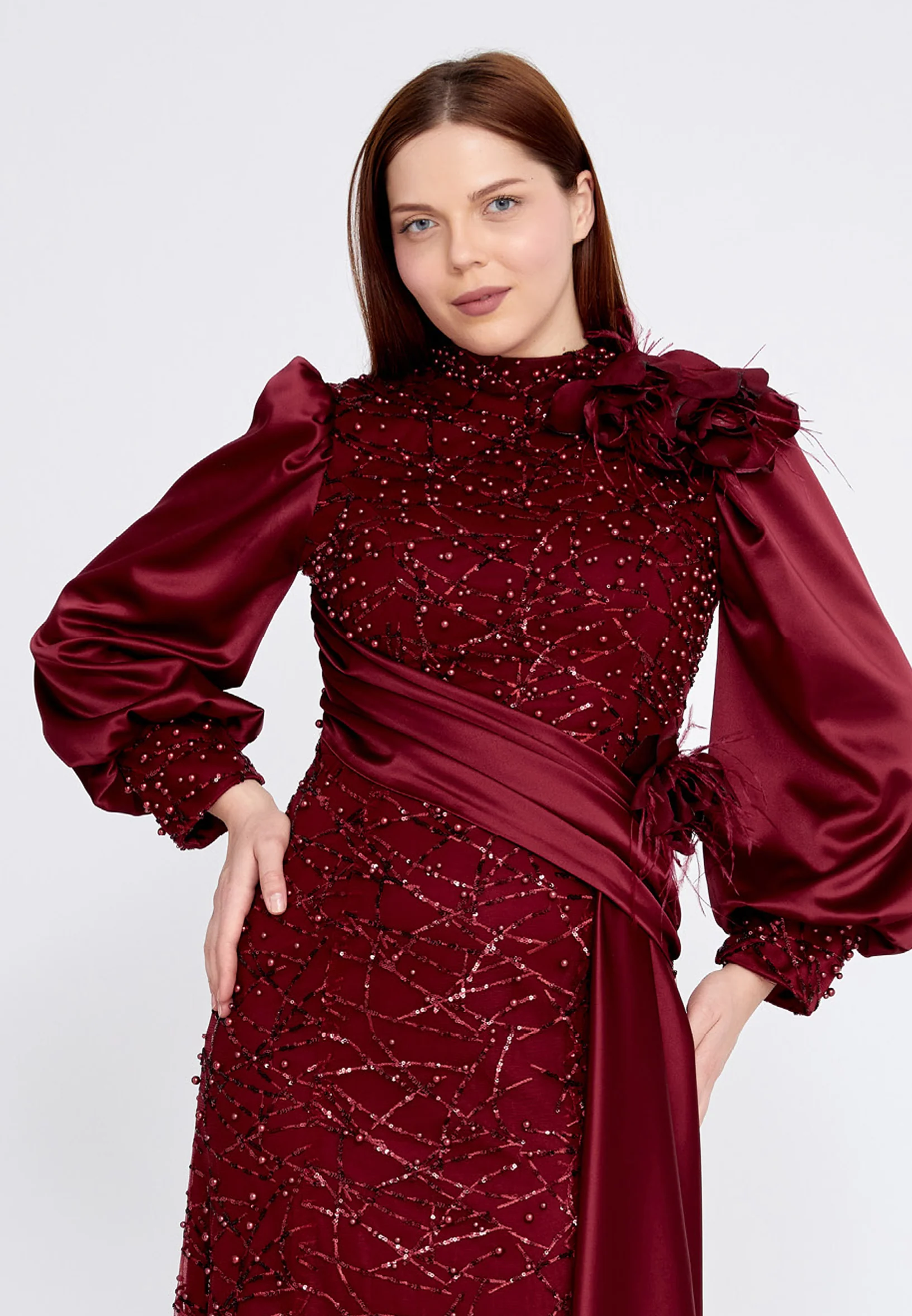 Long Sleeve Maxi Satin Column Plus Size Wedding Guest Dress gzk7001-b - Image 8