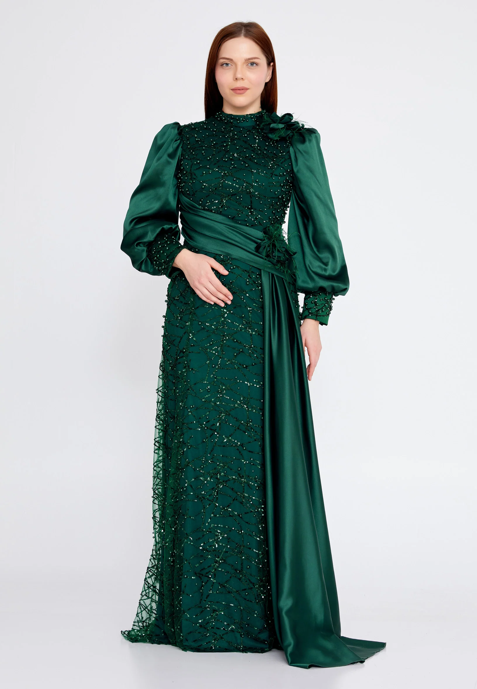 Long Sleeve Maxi Satin Column Plus Size Wedding Guest Dress gzk7001-b - Image 9