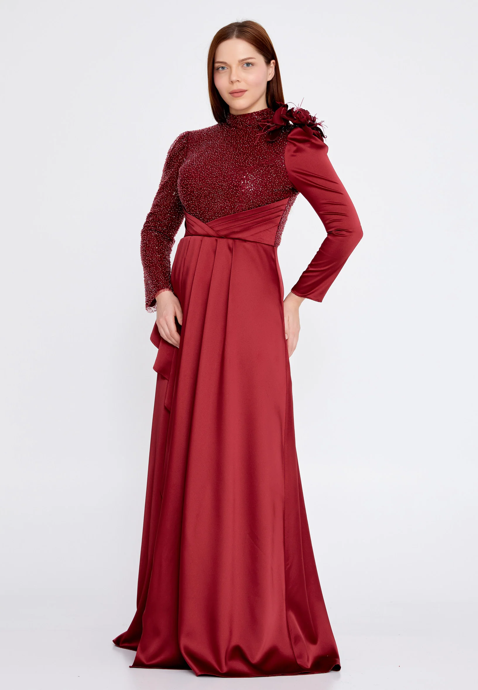 Long Sleeve Maxi Satin Column Plus Size Wedding Guest Dress gzk7003-1 - Image 3
