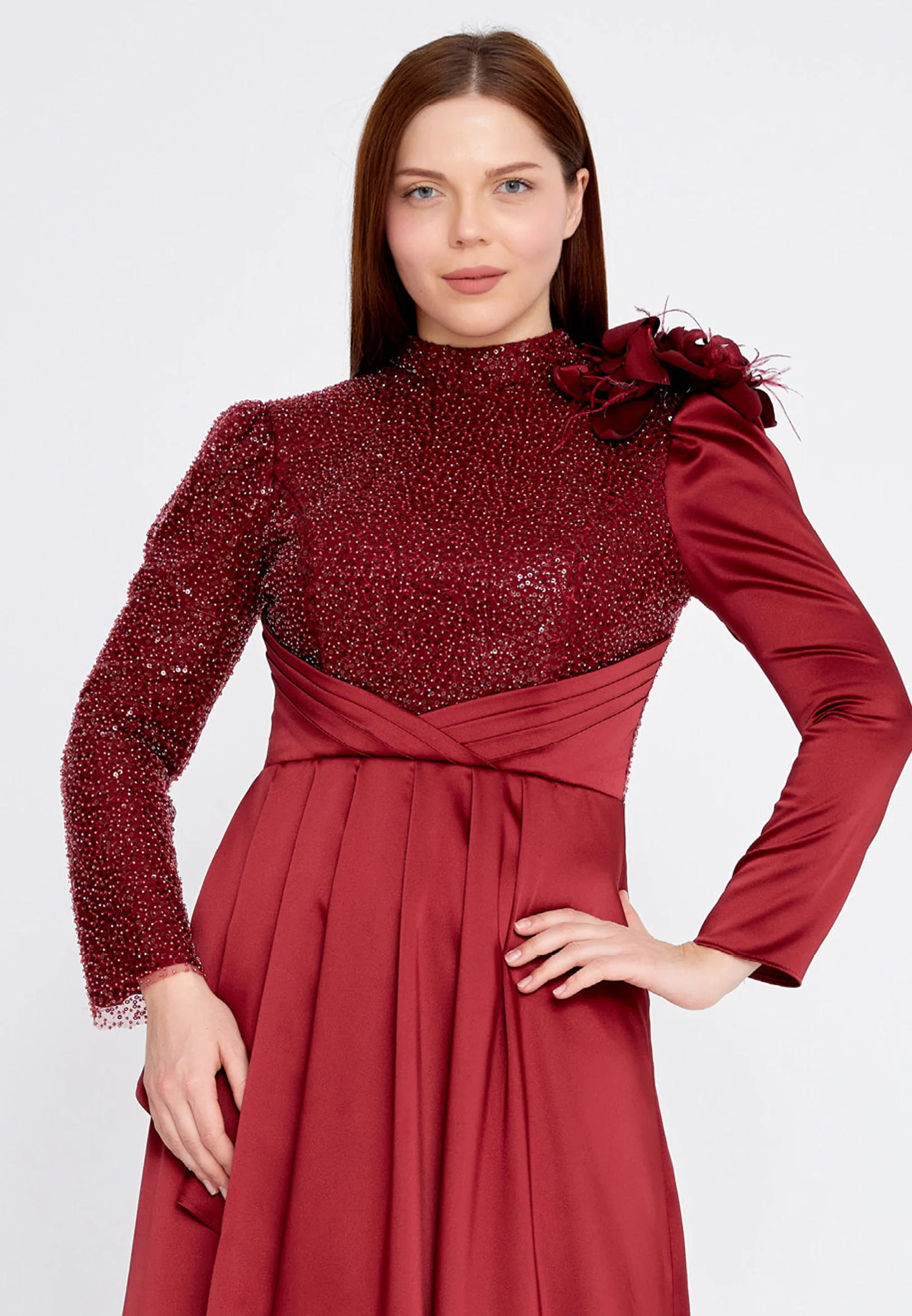 Long Sleeve Maxi Satin Column Plus Size Wedding Guest Dress gzk7003-1 - Image 4
