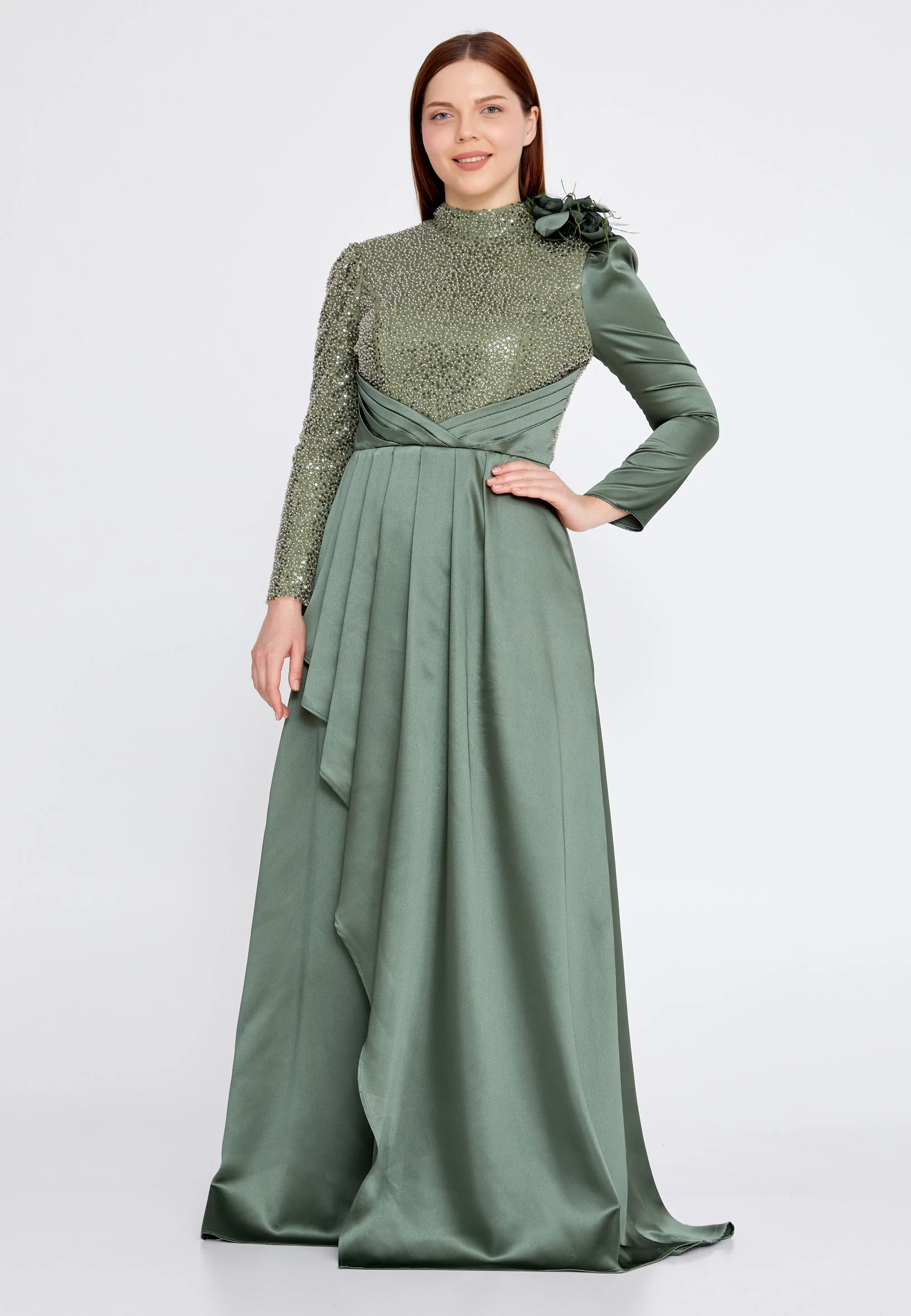 Long Sleeve Maxi Satin Column Plus Size Wedding Guest Dress gzk7003-1 - Image 5