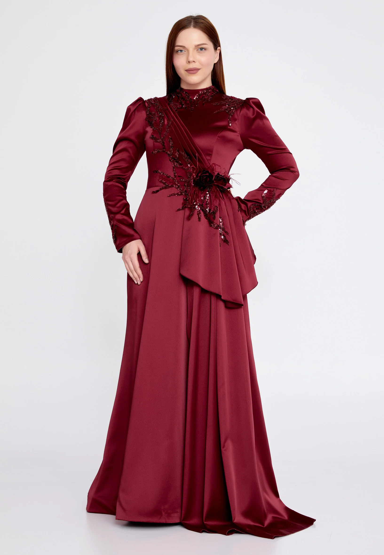 Long Sleeve Maxi Satin Column Plus Size Wedding Guest Dress gzk7008-1