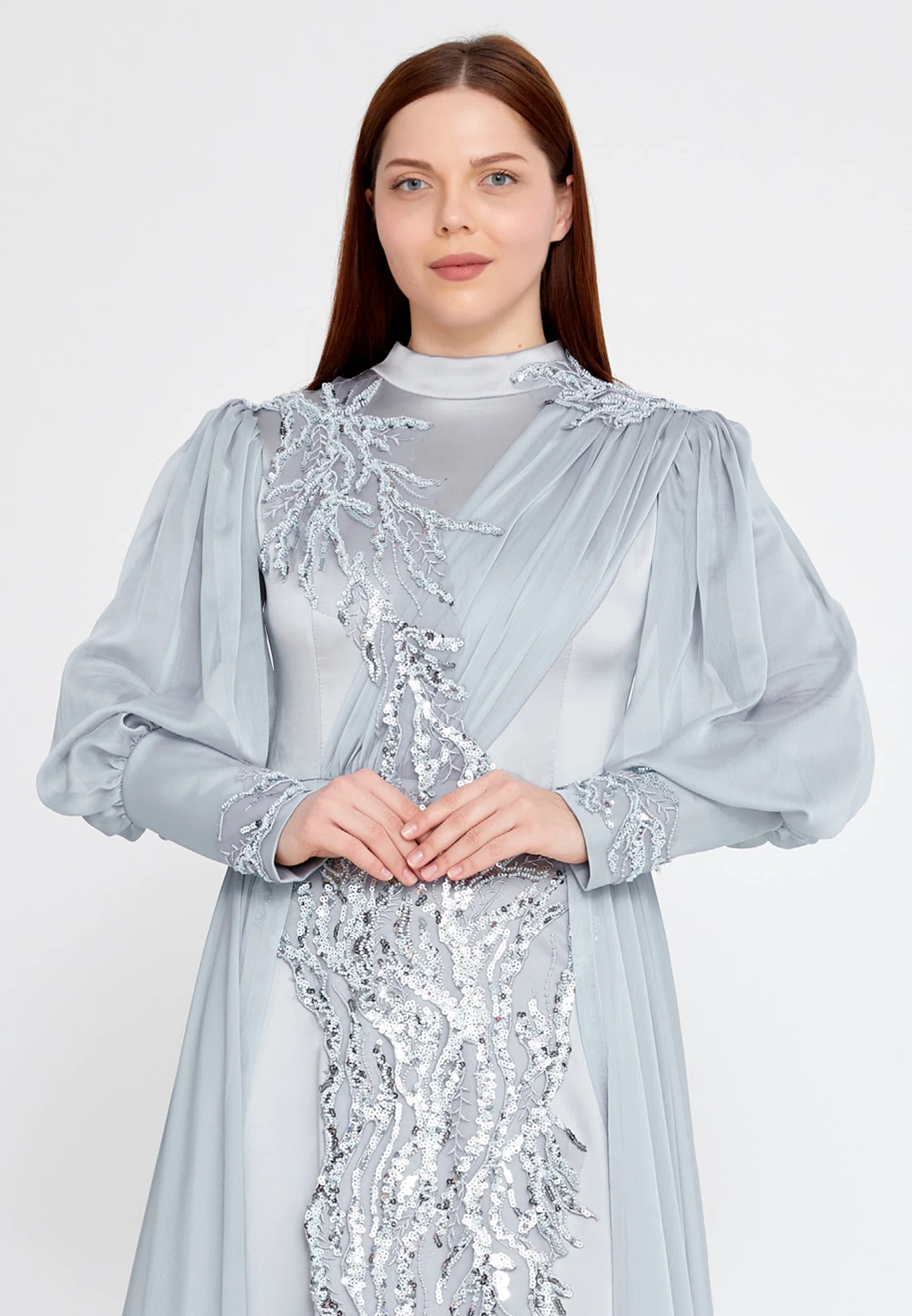Long Sleeve Maxi Satin Column Plus Size Wedding Guest Dress gzk7015-1 - Image 4