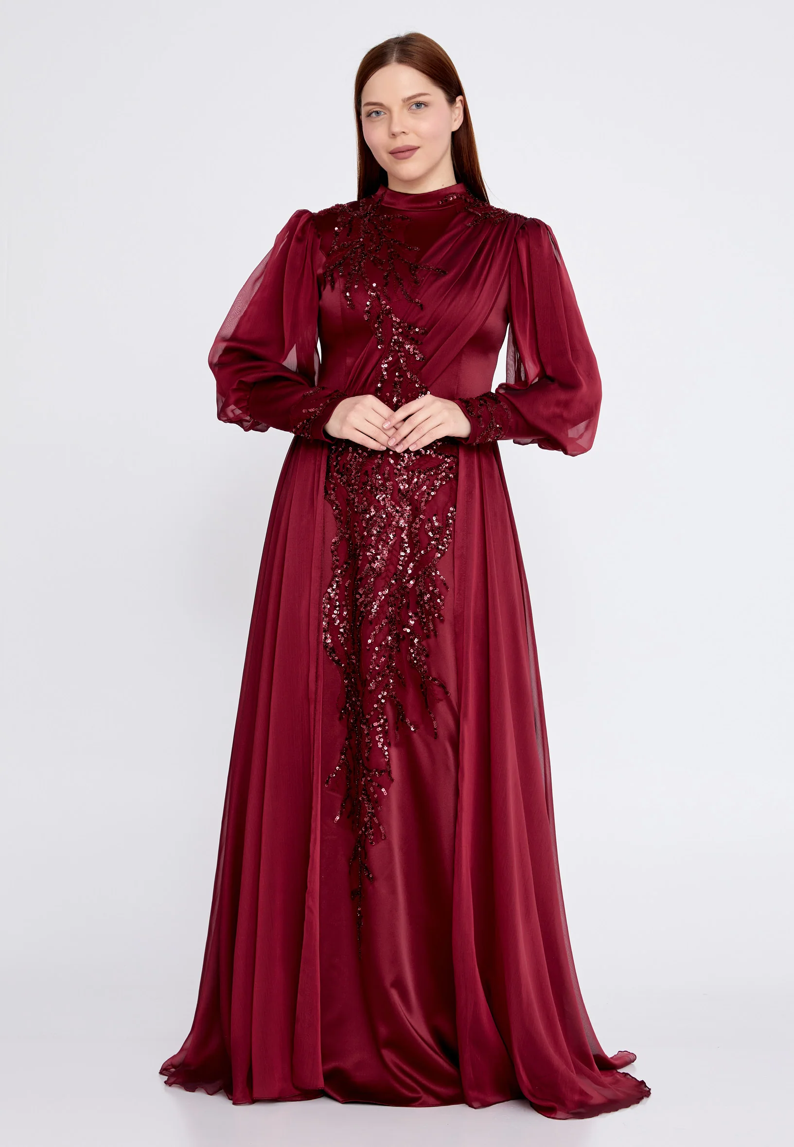 Long Sleeve Maxi Satin Column Plus Size Wedding Guest Dress gzk7015-1 - Image 5