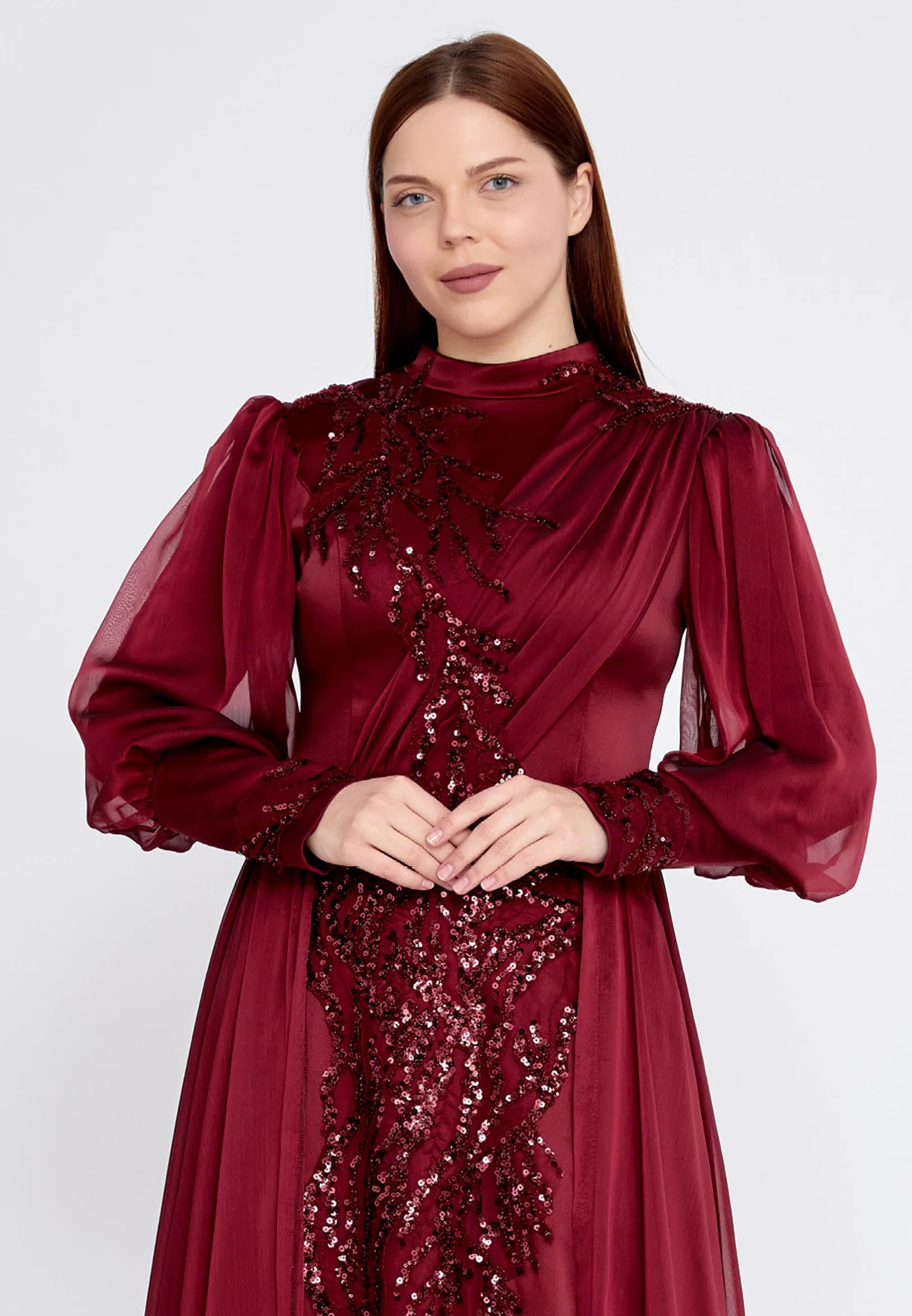 Long Sleeve Maxi Satin Column Plus Size Wedding Guest Dress gzk7015-1 - Image 8