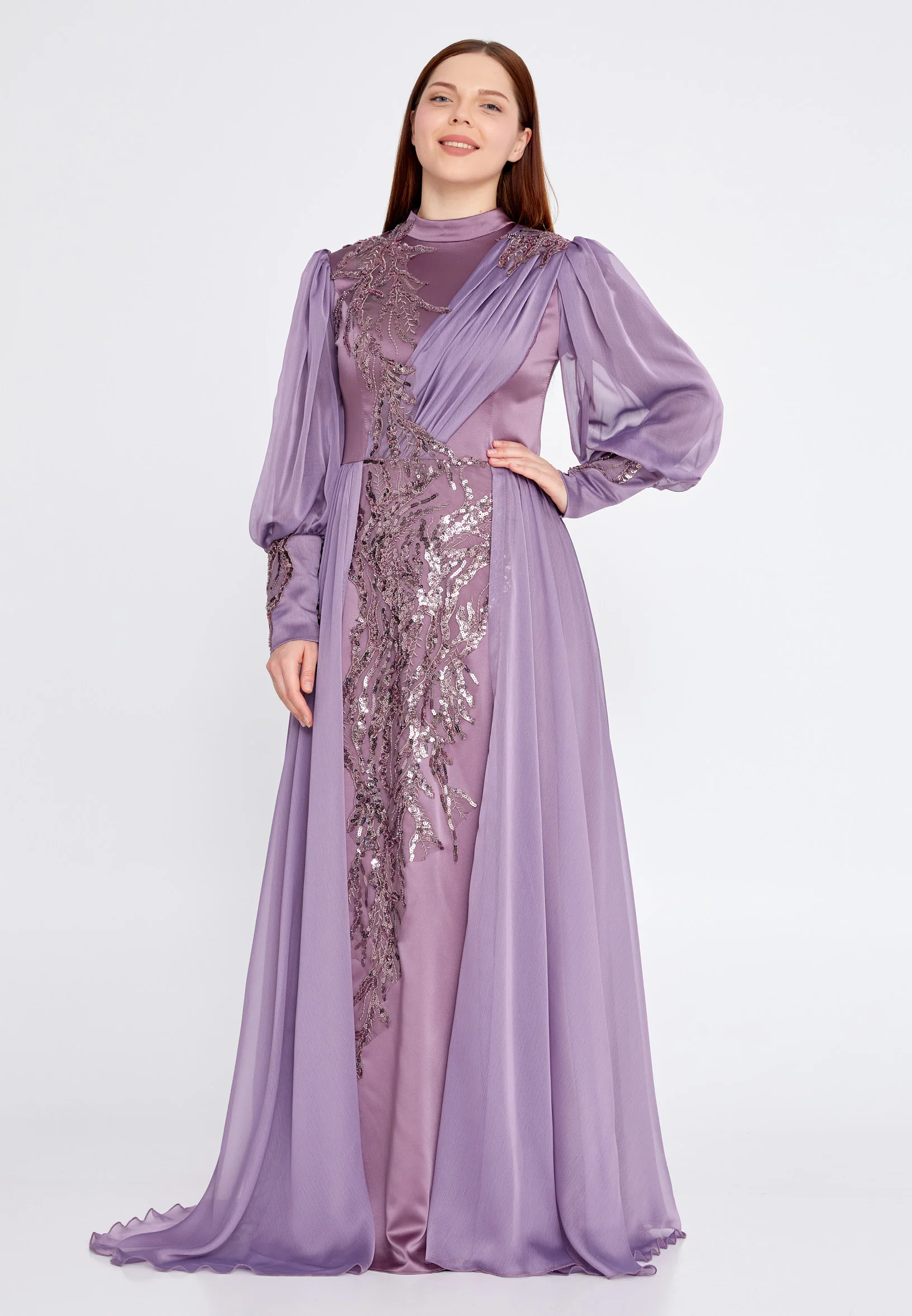 Long Sleeve Maxi Satin Column Plus Size Wedding Guest Dress gzk7015-1 - Image 9