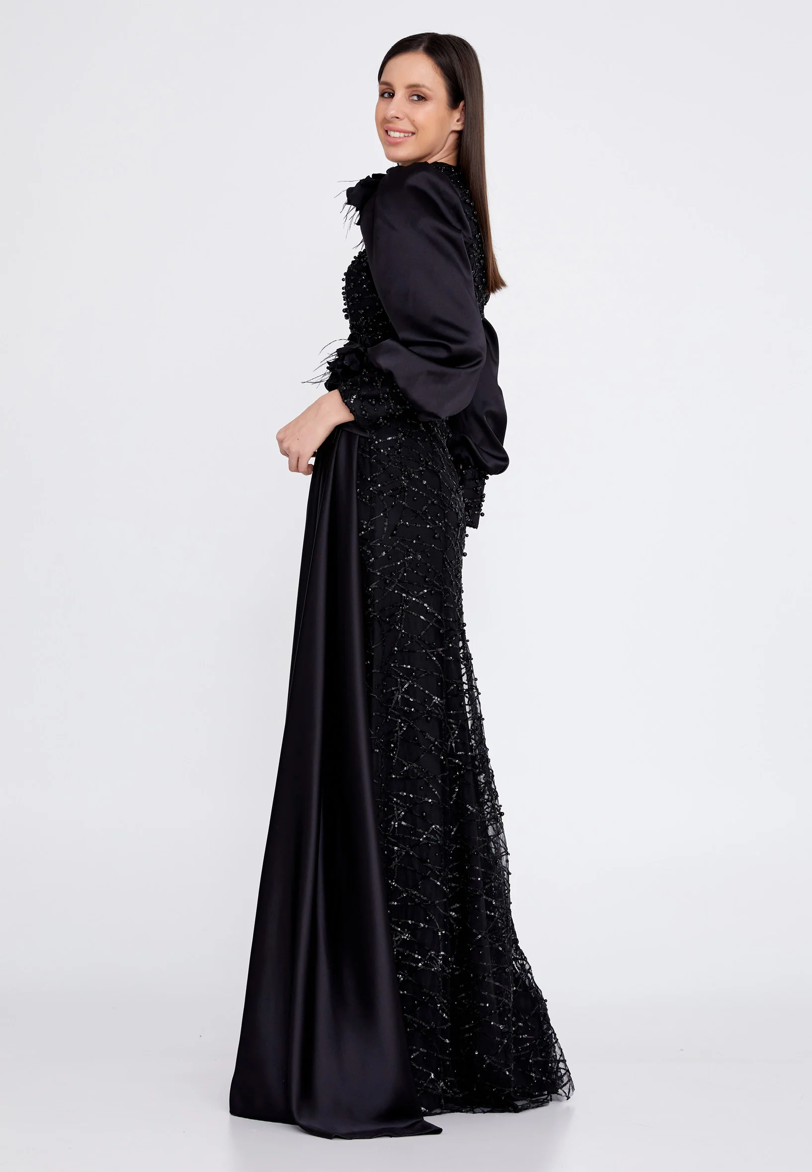 Long Sleeve Maxi Satin Column Regular Prom Dress gzk7001 - Image 3