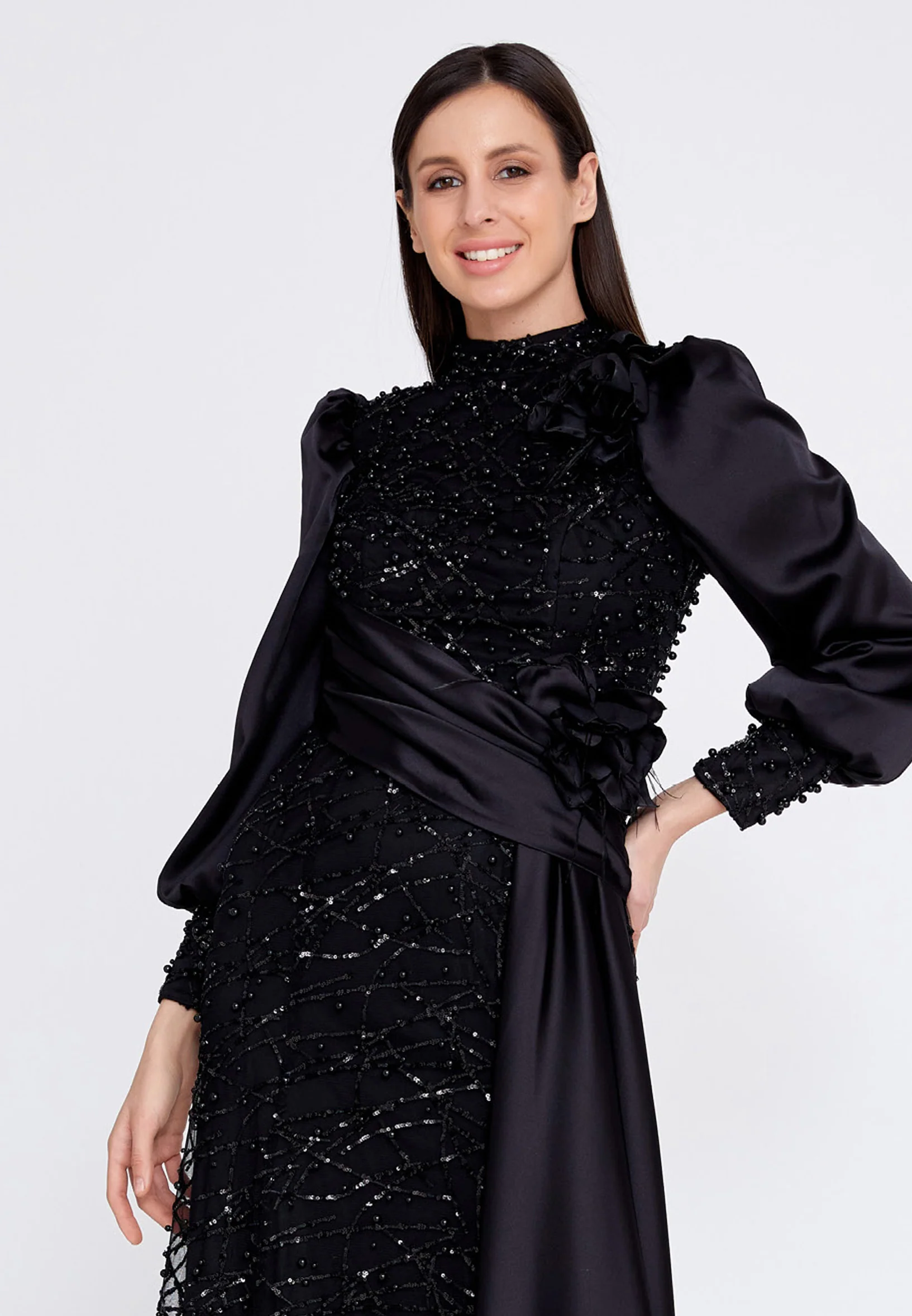 Long Sleeve Maxi Satin Column Regular Prom Dress gzk7001 - Image 4
