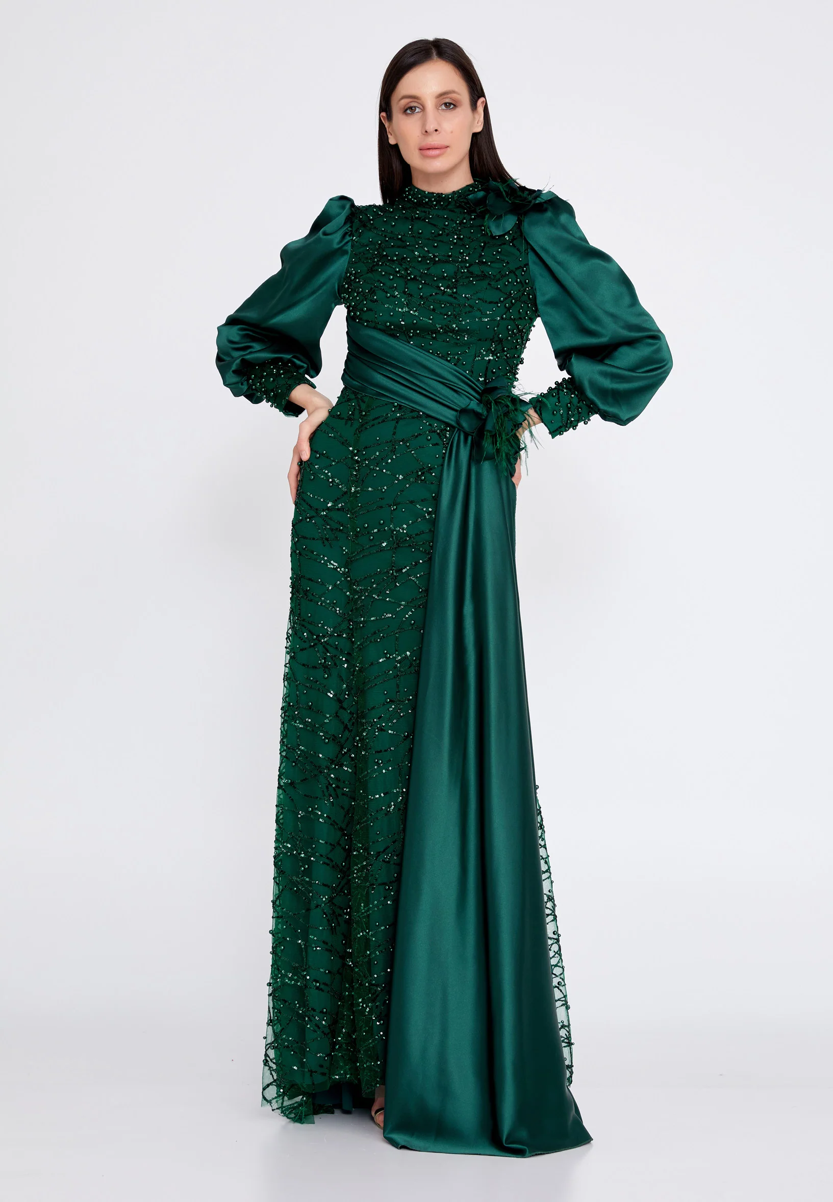 Long Sleeve Maxi Satin Column Regular Prom Dress gzk7001 - Image 9
