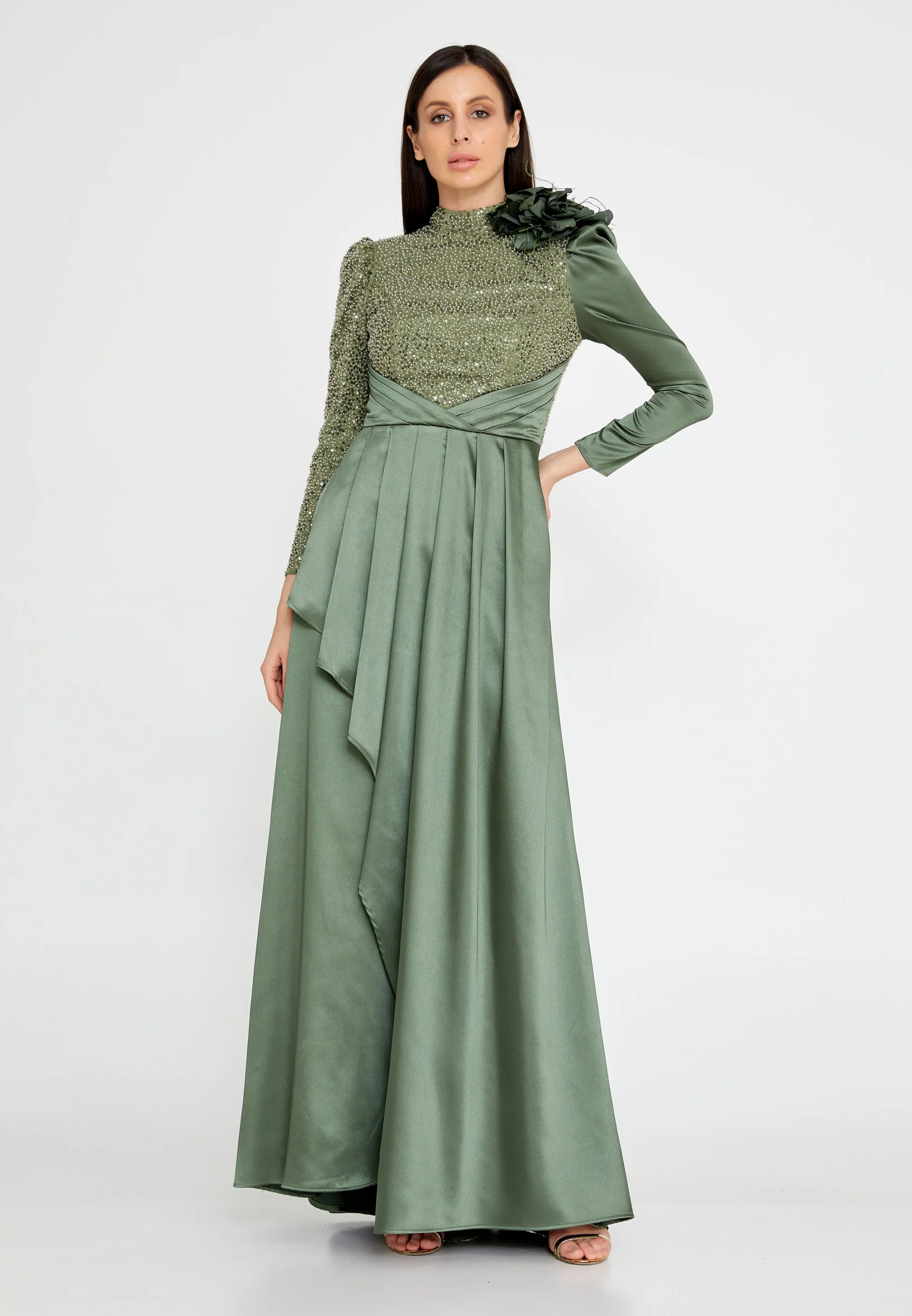 Long Sleeve Maxi Satin Column Regular Prom Dress gzk7003 - Image 5