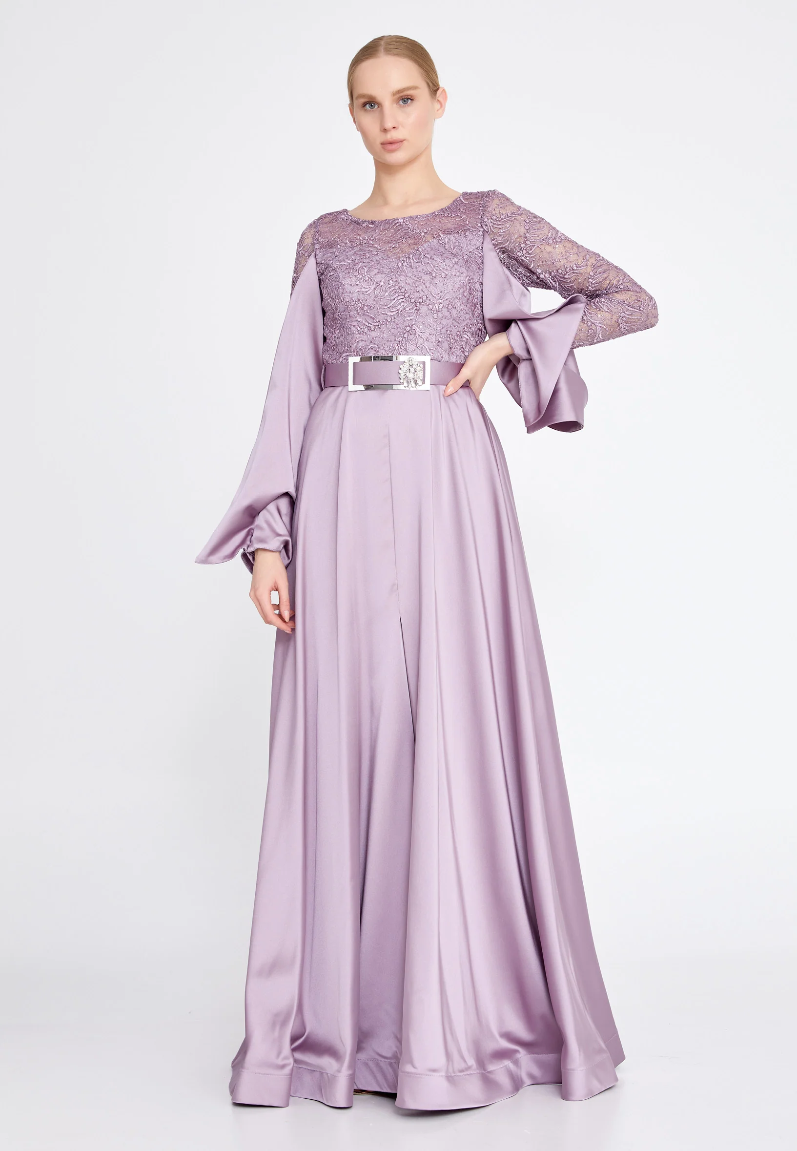 Long Sleeve Maxi Satin Column Regular Prom Dress srn9002