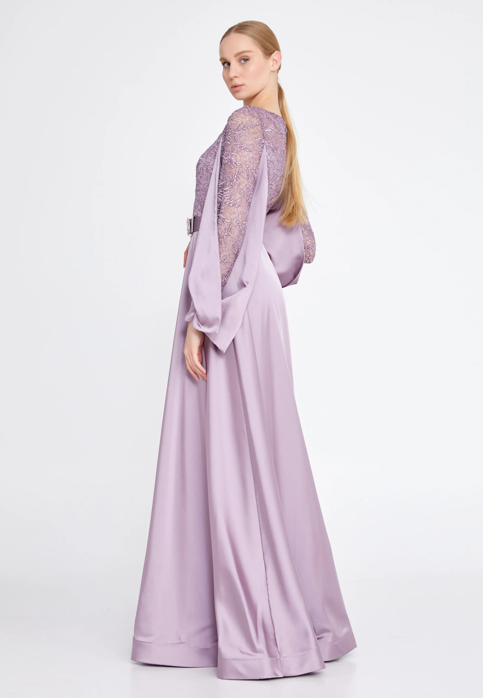 Long Sleeve Maxi Satin Column Regular Prom Dress srn9002 - Image 3