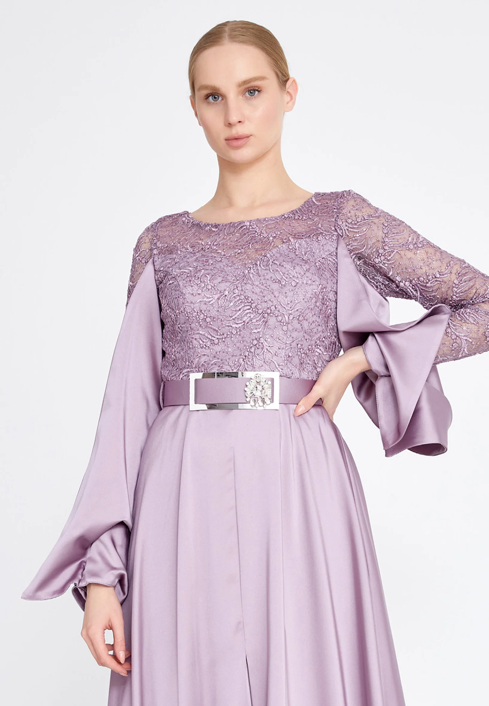 Long Sleeve Maxi Satin Column Regular Prom Dress srn9002 - Image 4