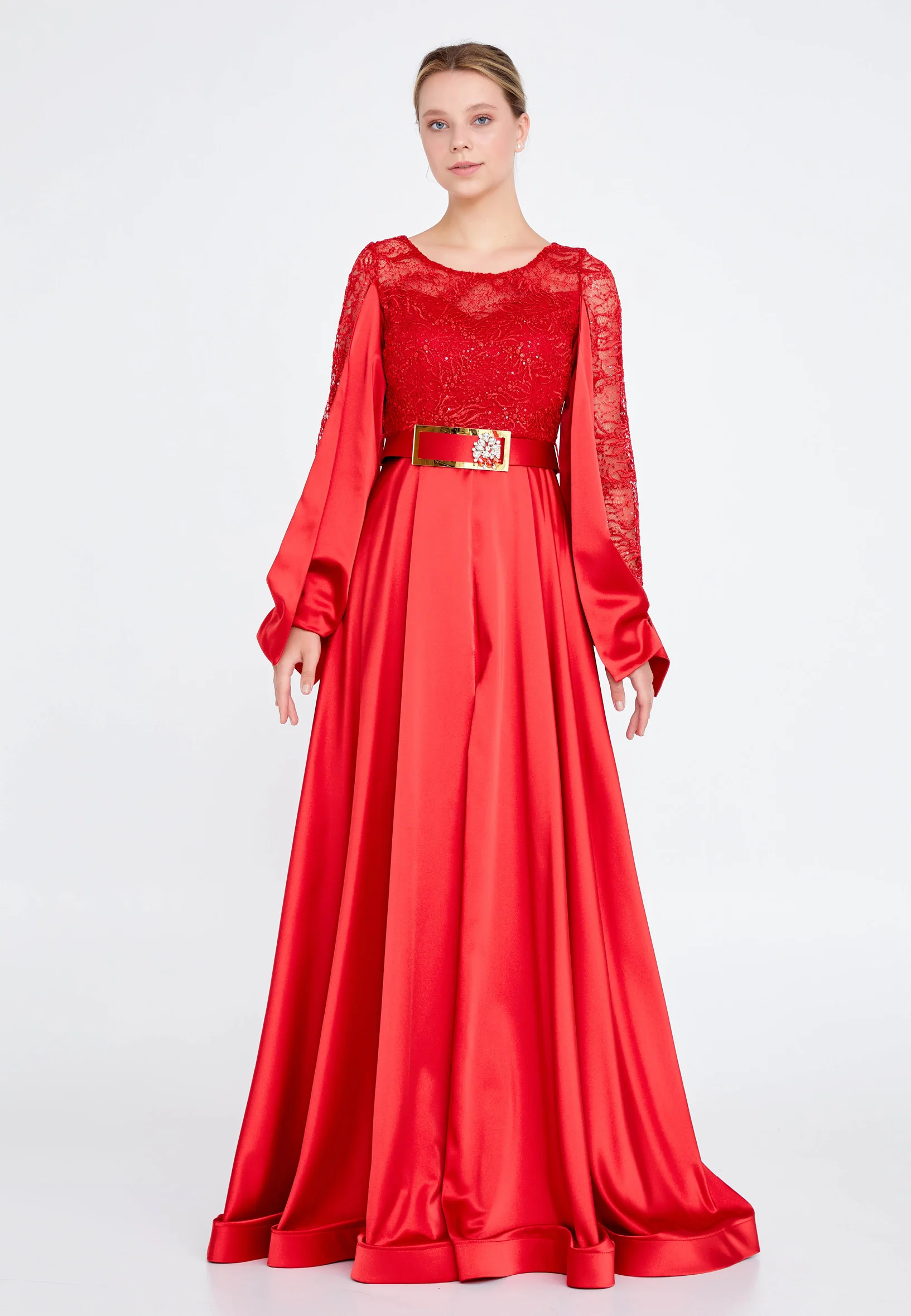 Long Sleeve Maxi Satin Column Regular Prom Dress srn9002 - Image 5