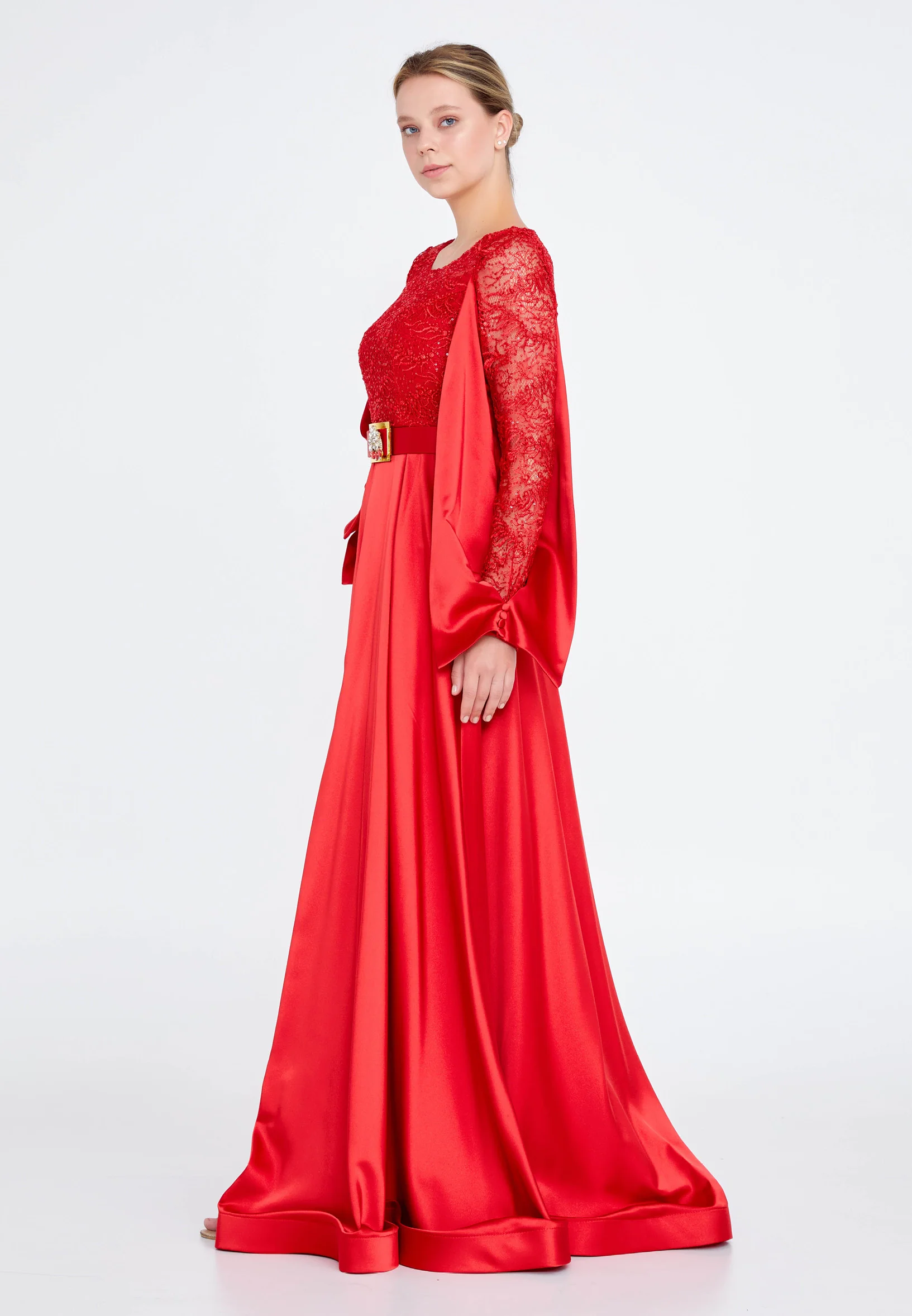 Long Sleeve Maxi Satin Column Regular Prom Dress srn9002 - Image 7