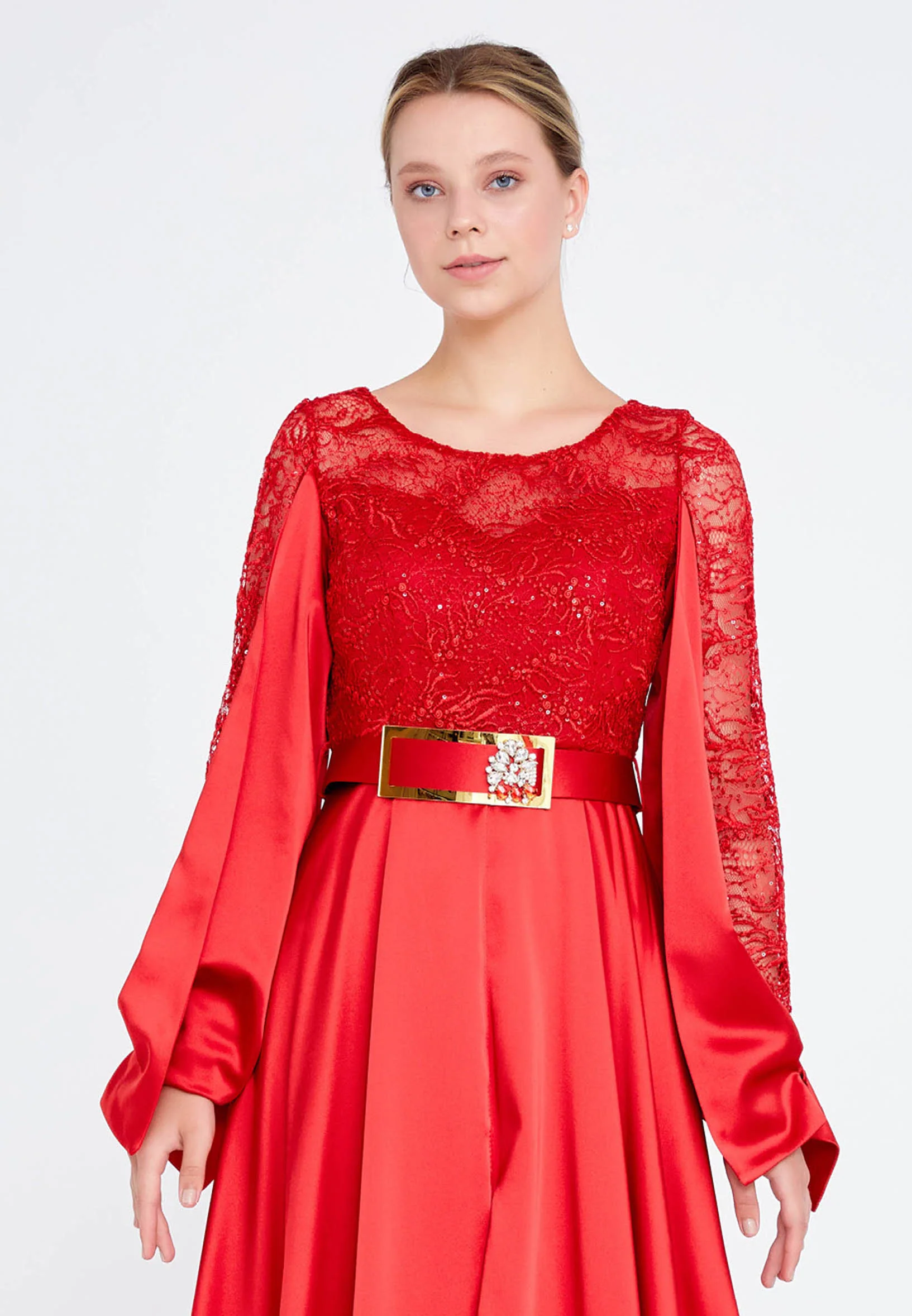 Long Sleeve Maxi Satin Column Regular Prom Dress srn9002 - Image 8