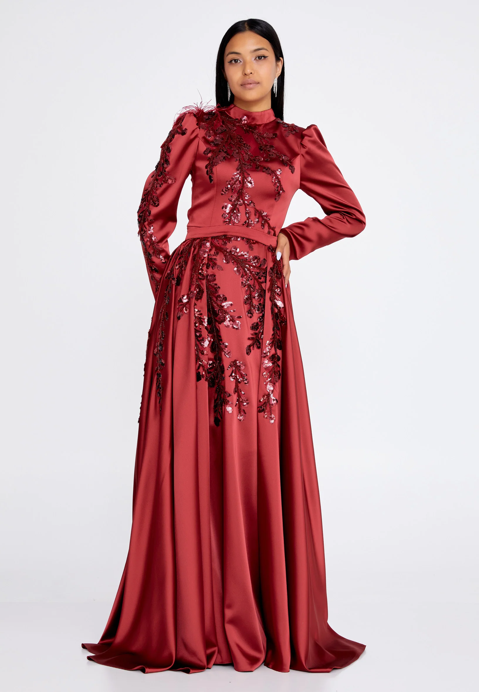 Long Sleeve Maxi Satin Column Regular Wedding Guest Dress eck9001