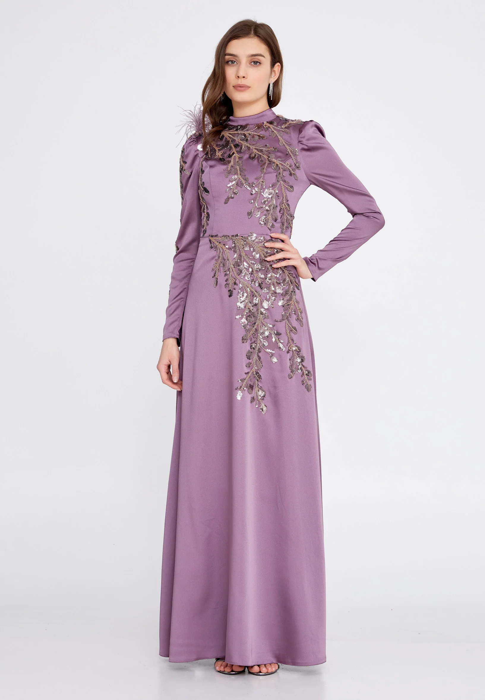 Long Sleeve Maxi Satin Column Regular Wedding Guest Dress eck9001 - Image 14