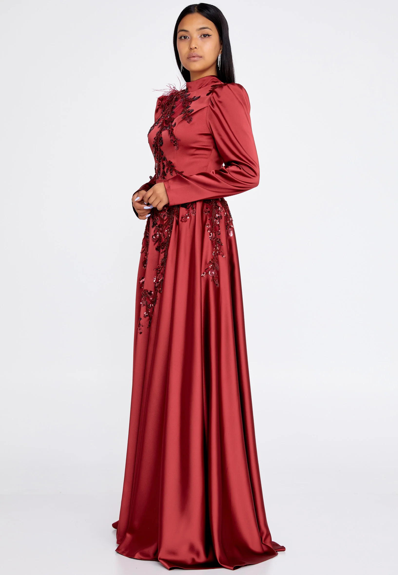 Long Sleeve Maxi Satin Column Regular Wedding Guest Dress eck9001 - Image 3