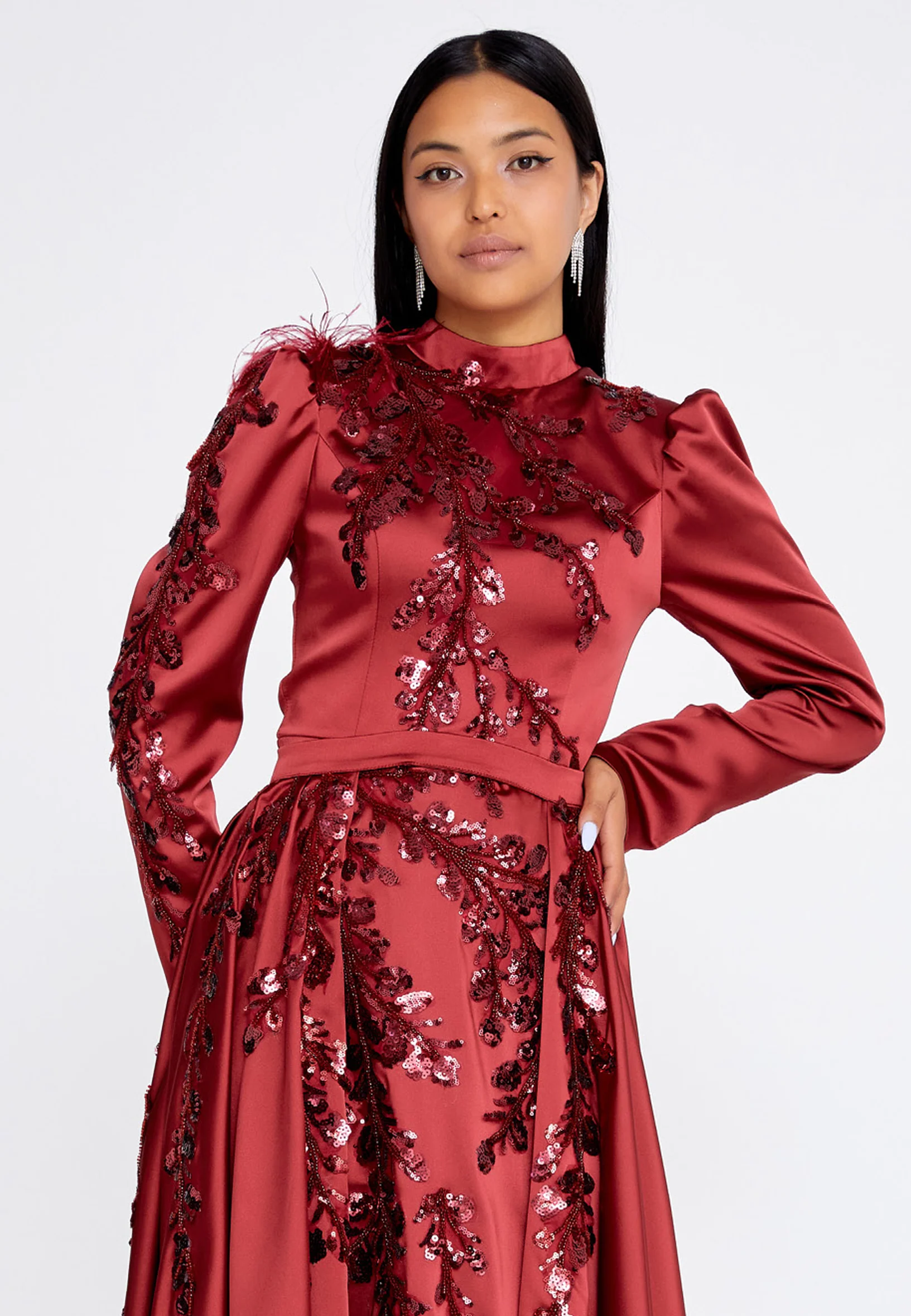 Long Sleeve Maxi Satin Column Regular Wedding Guest Dress eck9001 - Image 4