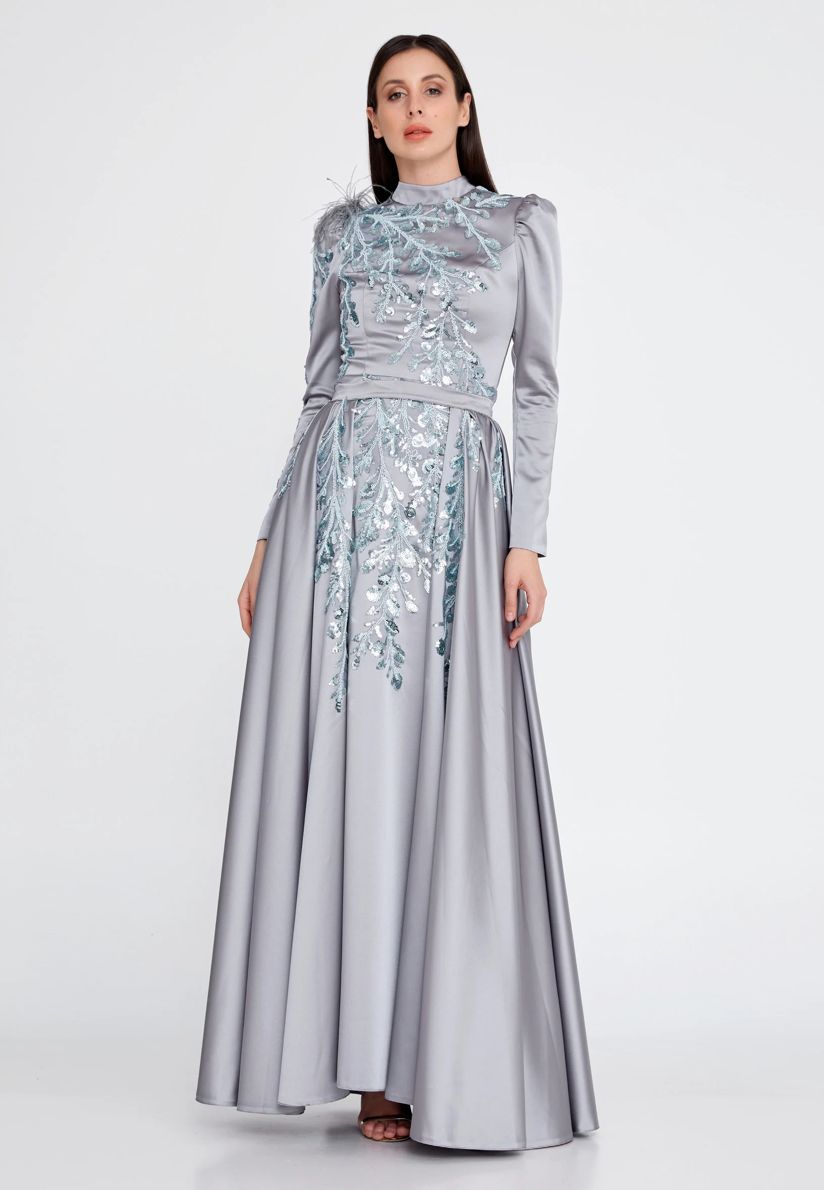 Long Sleeve Maxi Satin Column Regular Wedding Guest Dress eck9001 - Image 5