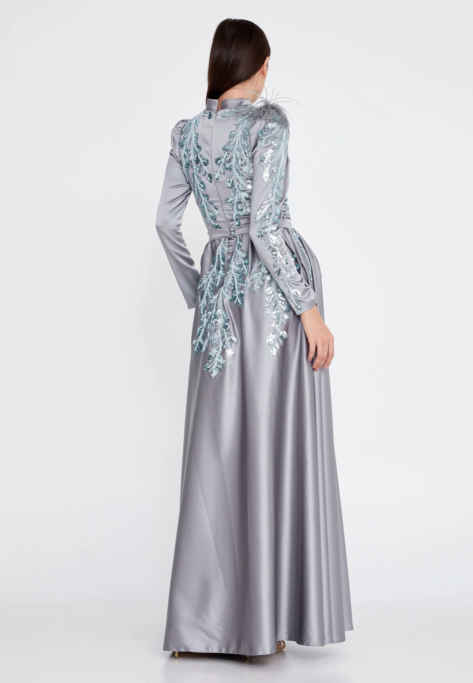 Long Sleeve Maxi Satin Column Regular Wedding Guest Dress eck9001 - Image 6