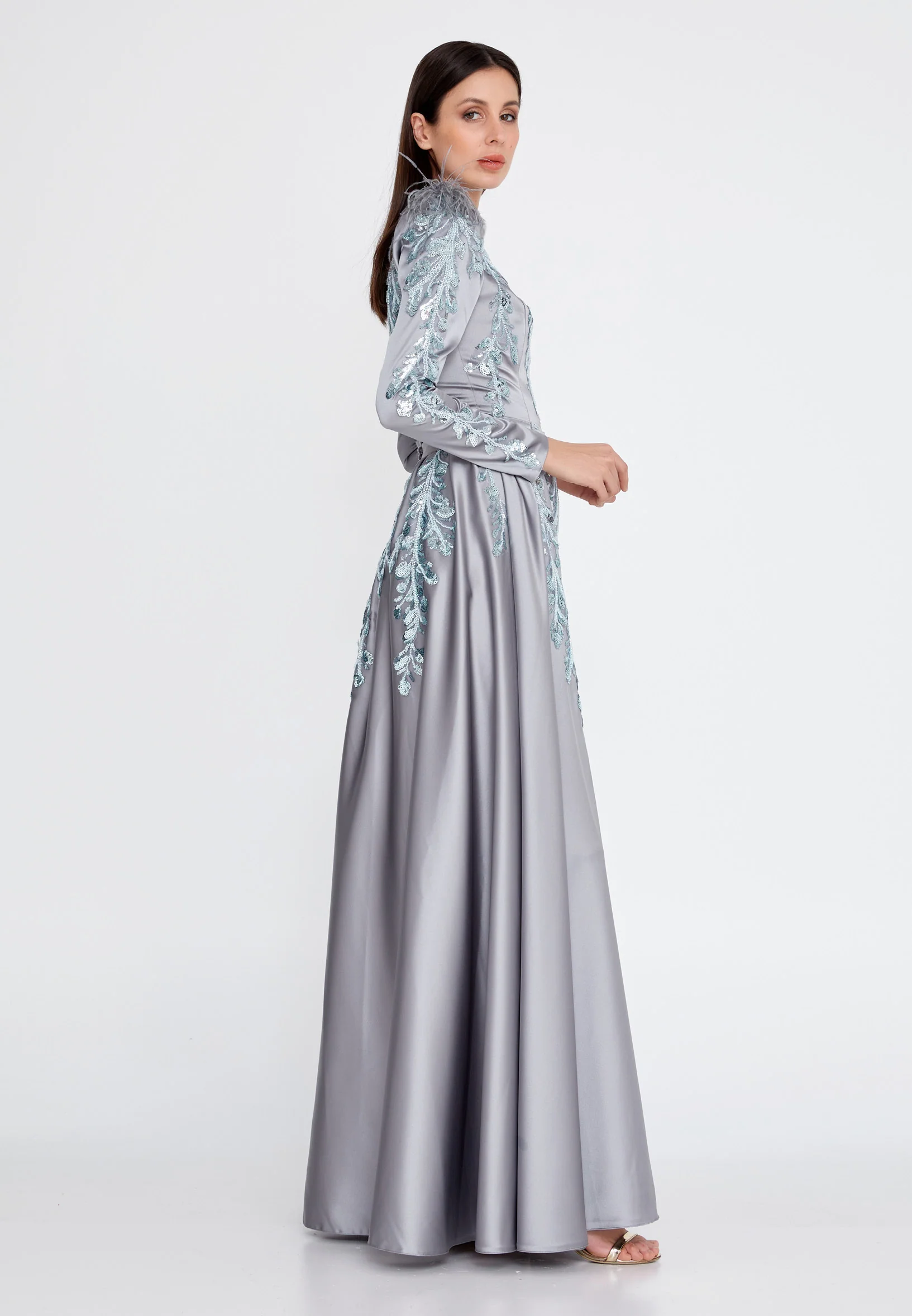 Long Sleeve Maxi Satin Column Regular Wedding Guest Dress eck9001 - Image 7