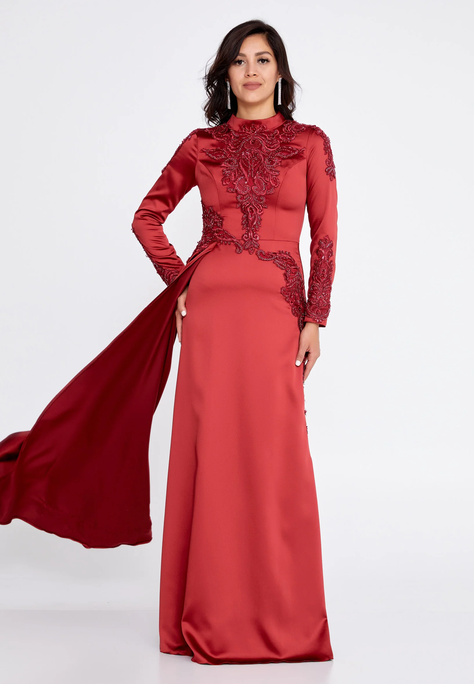 Long Sleeve Maxi Satin Column Regular Wedding Guest Dress eck9006