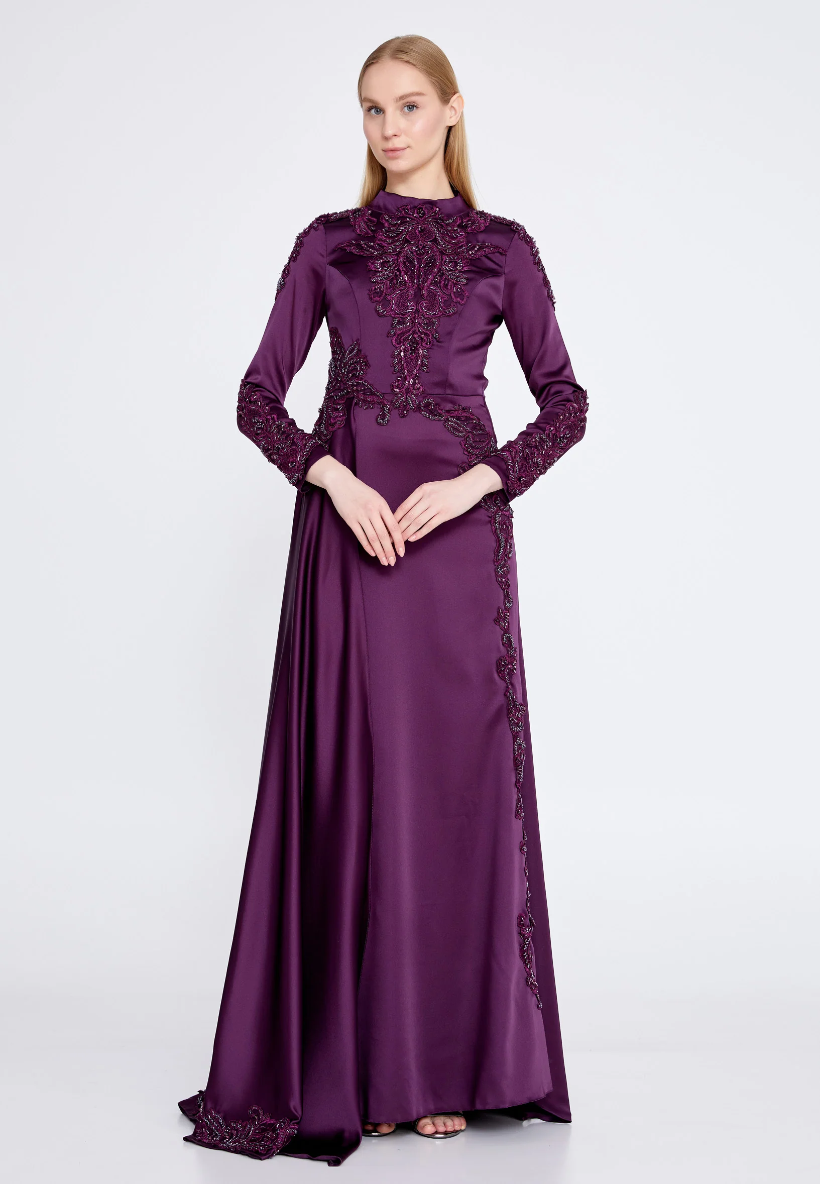 Long Sleeve Maxi Satin Column Regular Wedding Guest Dress eck9006 - Image 13