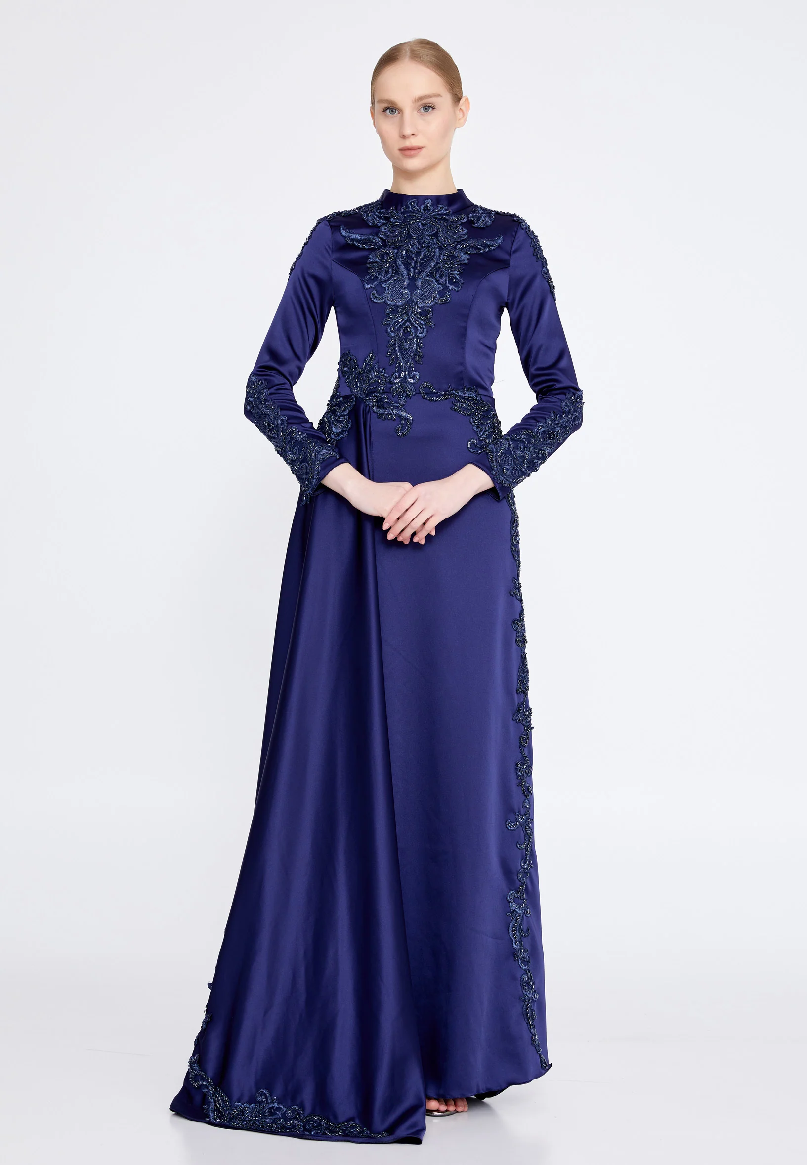 Long Sleeve Maxi Satin Column Regular Wedding Guest Dress eck9006 - Image 9
