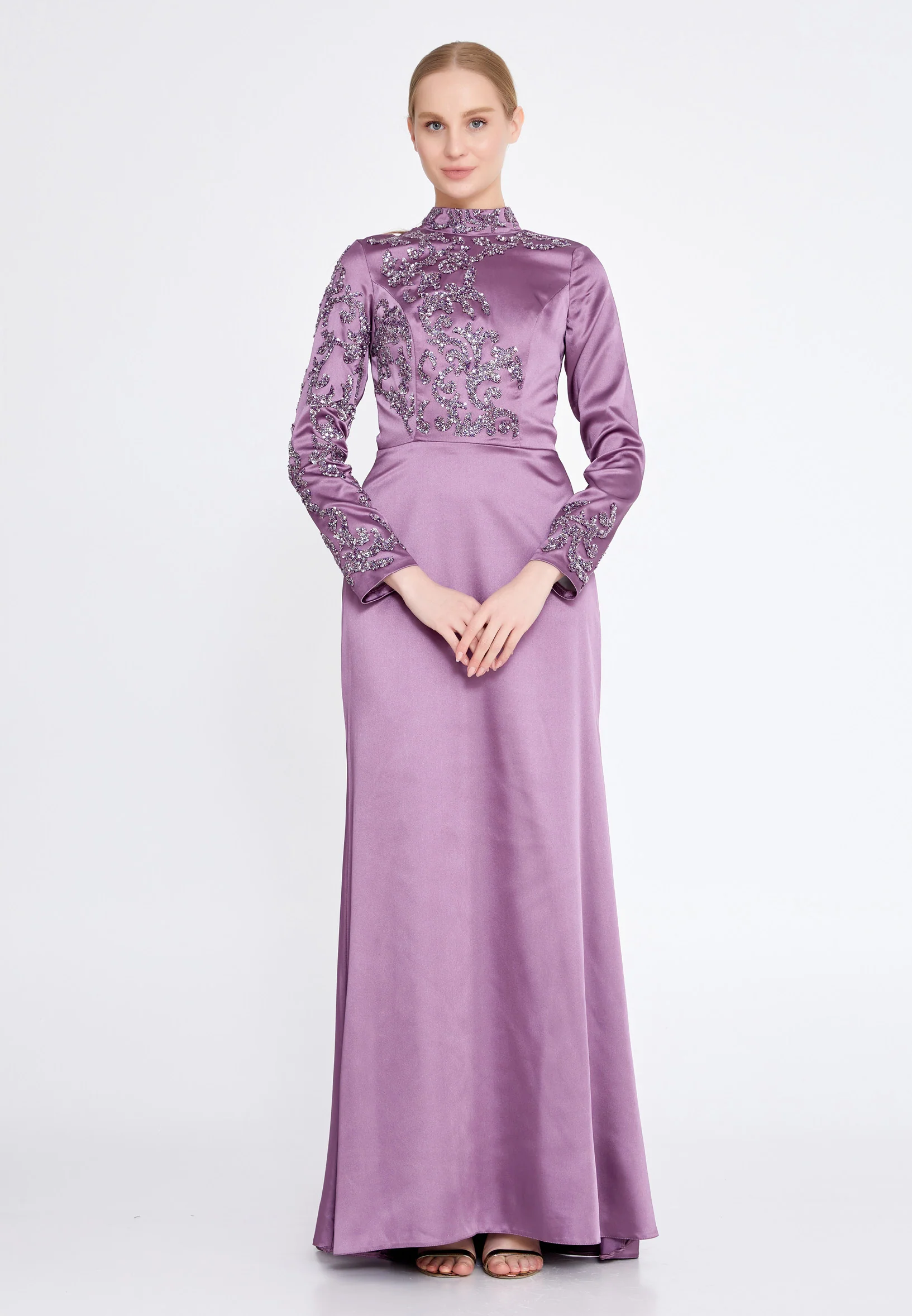 Long Sleeve Maxi Satin Column Regular Wedding Guest Dress eck9008 - Image 20