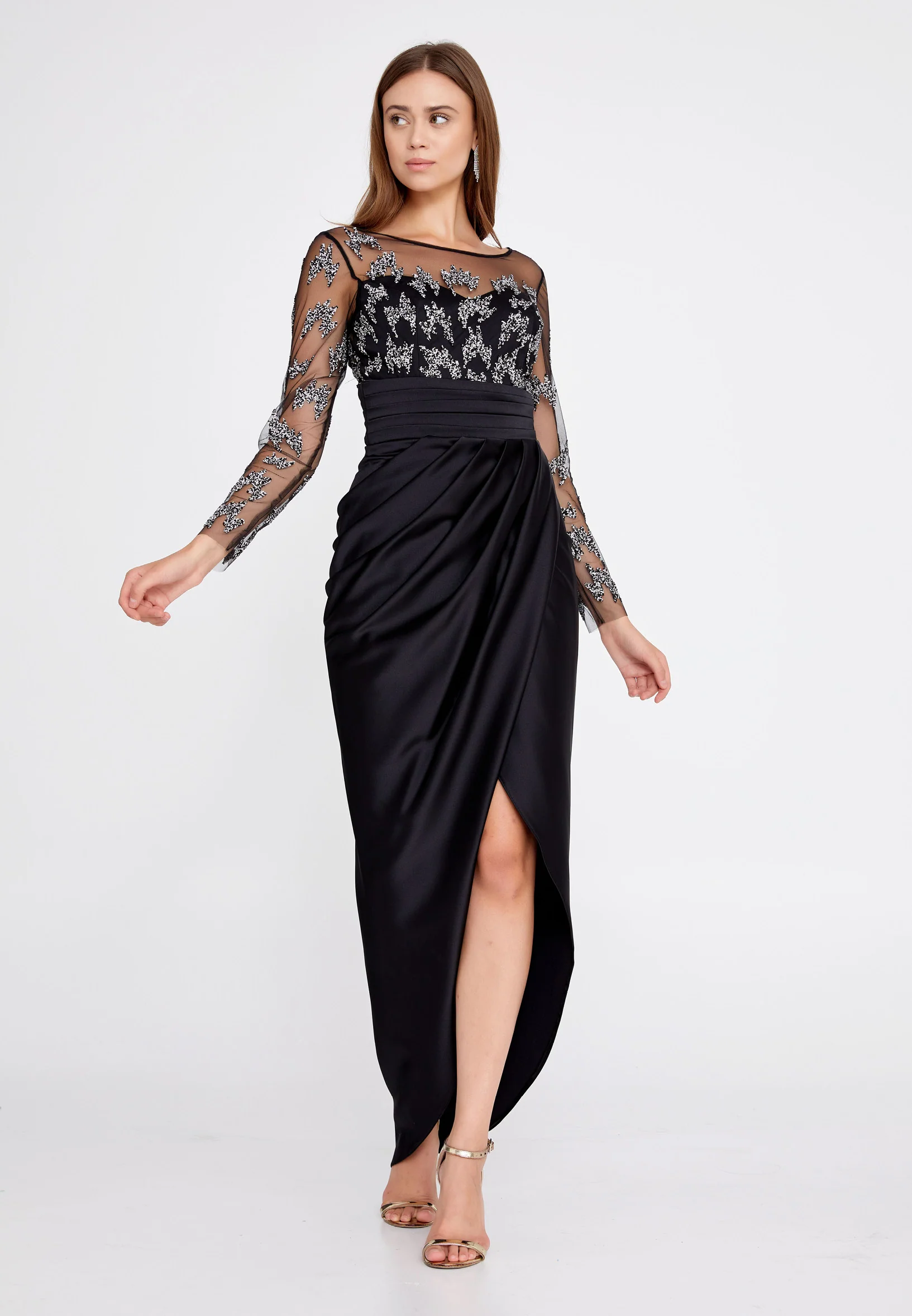 Long Sleeve Maxi Satin Column Regular Wedding Guest Dress fch2211
