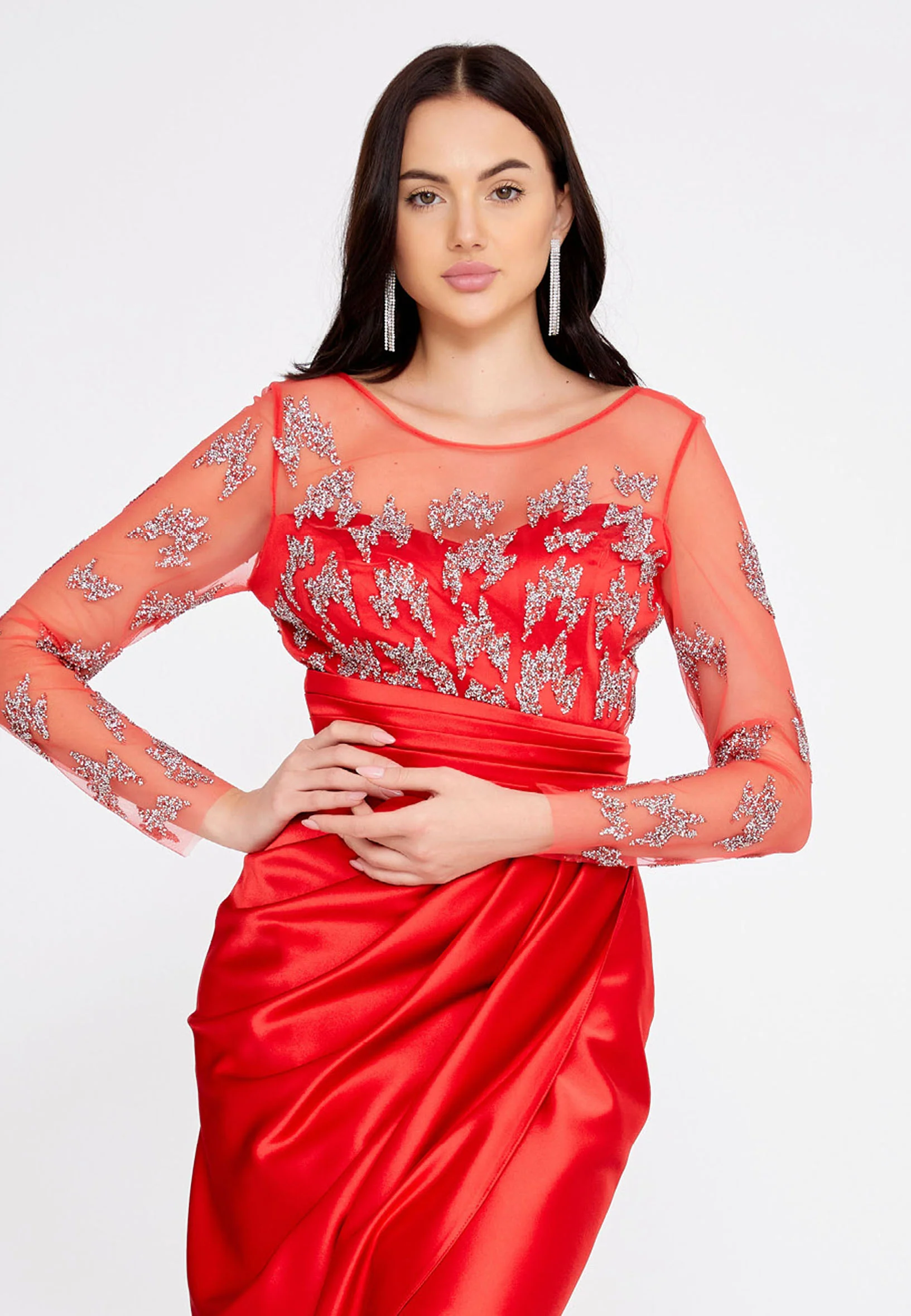 Long Sleeve Maxi Satin Column Regular Wedding Guest Dress fch2211 - Image 20
