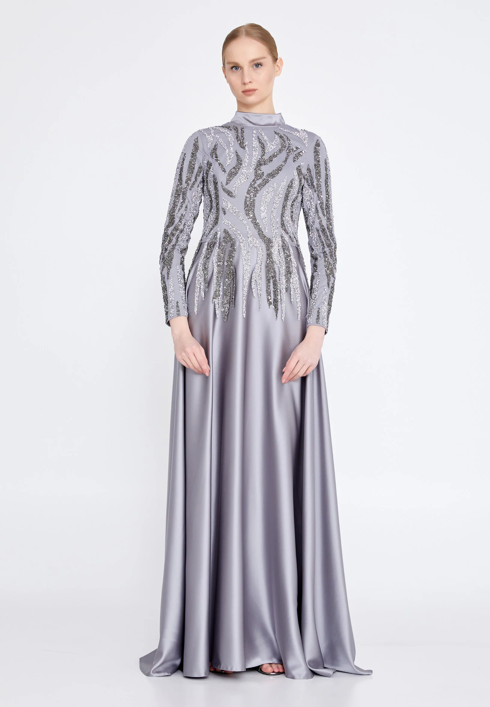 Long Sleeve Maxi Satin Column Regular Wedding Guest Dress gzk1004 - Image 5