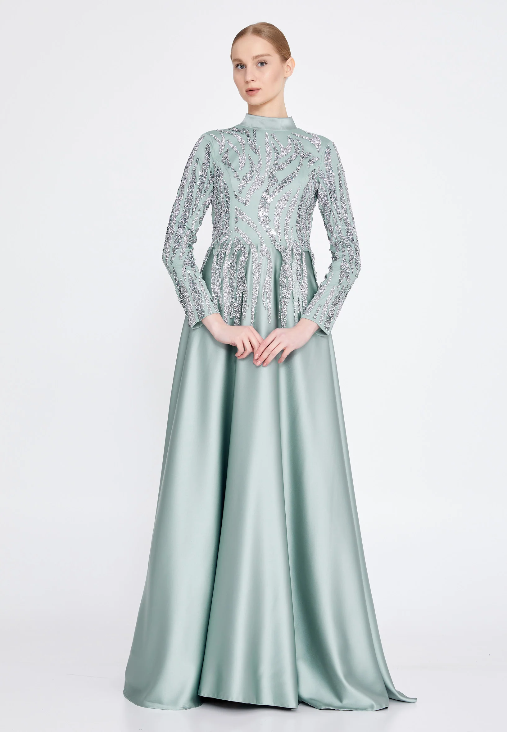 Long Sleeve Maxi Satin Column Regular Wedding Guest Dress gzk1004 - Image 9