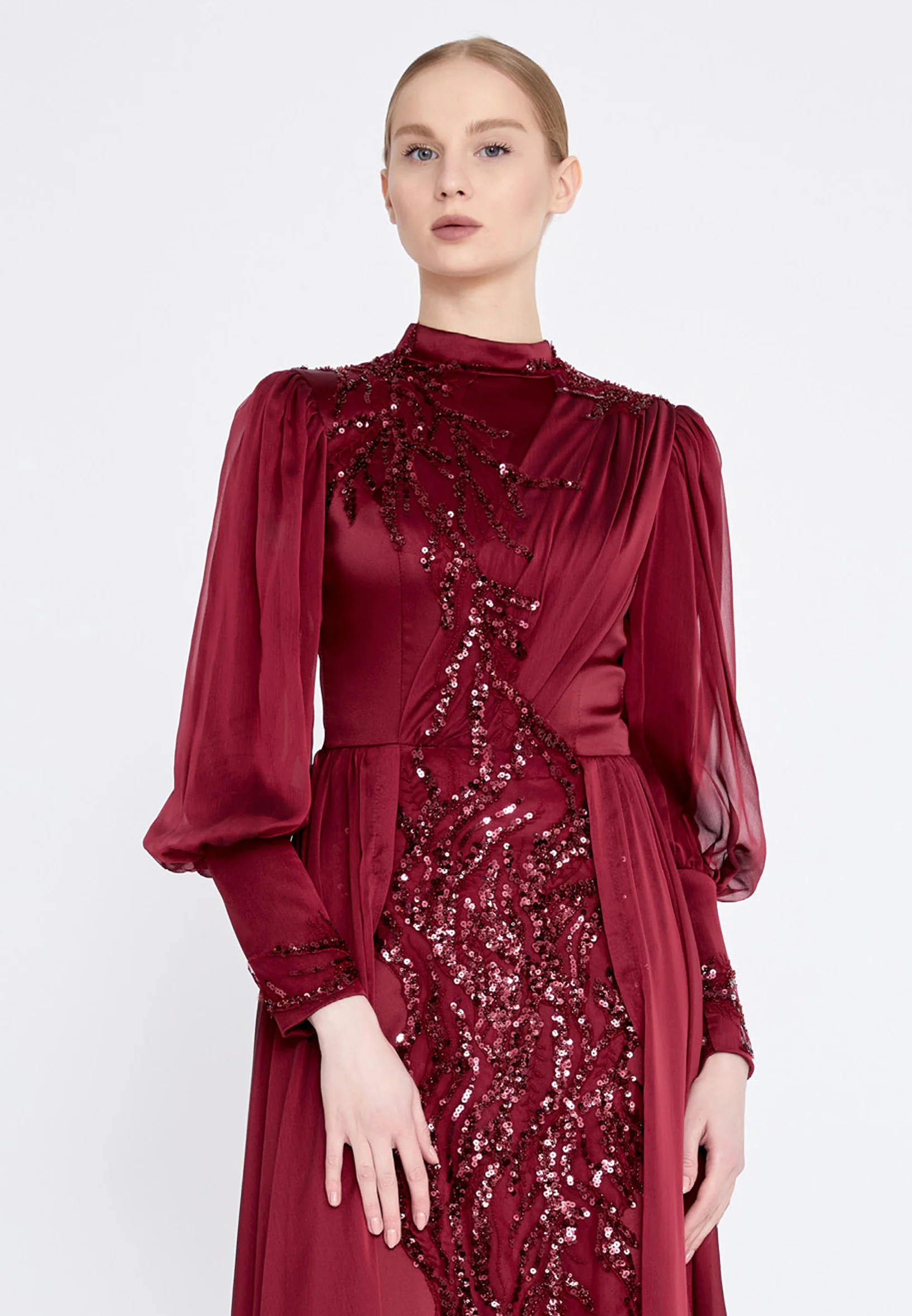 Long Sleeve Maxi Satin Column Regular Wedding Guest Dress gzk7015 - Image 4