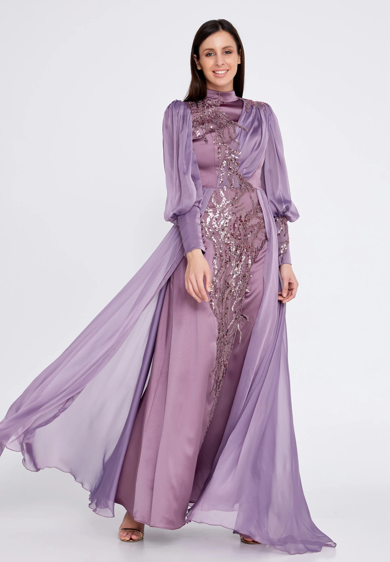Long Sleeve Maxi Satin Column Regular Wedding Guest Dress gzk7015 - Image 9