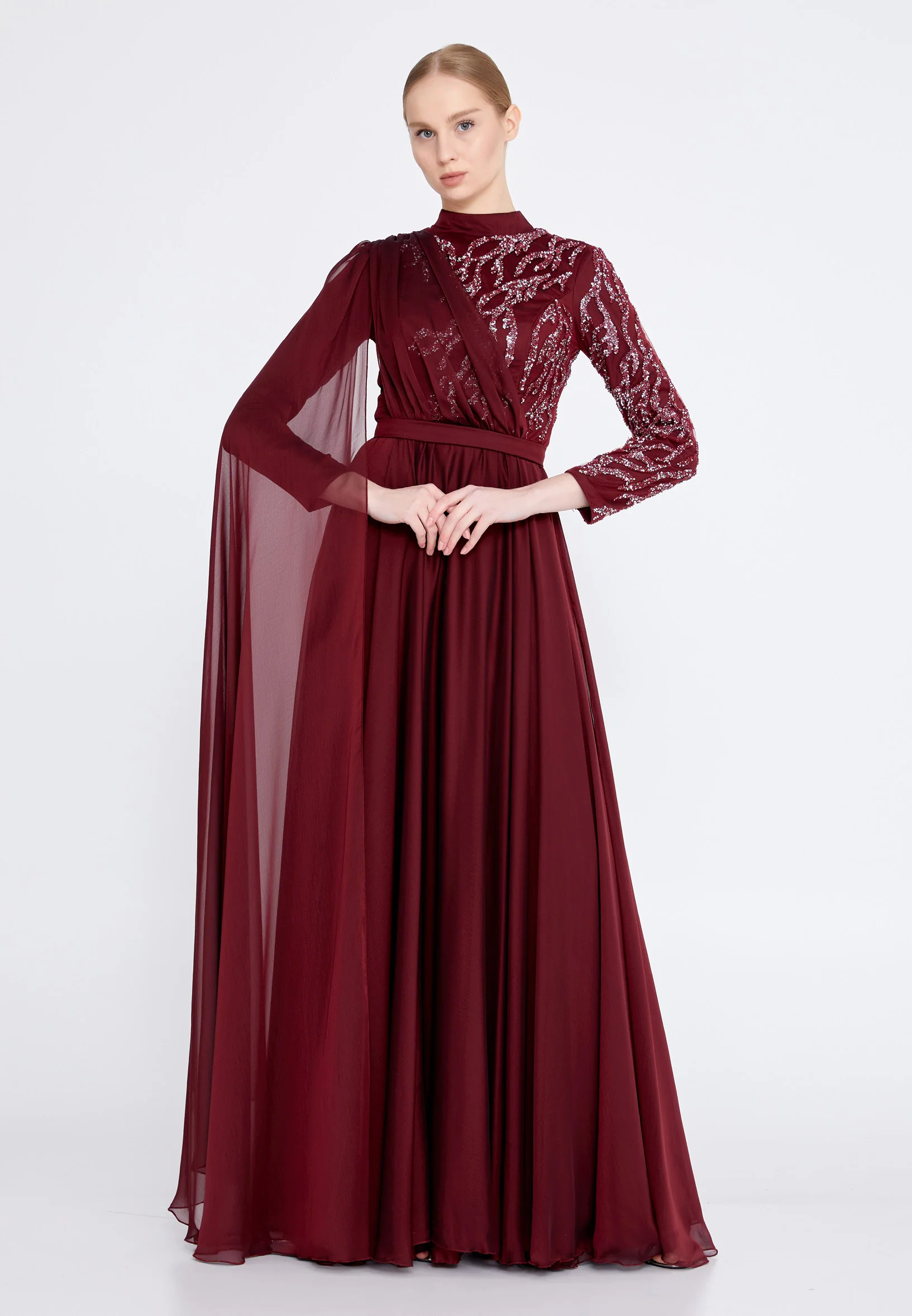 Long Sleeve Maxi Satin Column Regular Wedding Guest Dress gzk7019 - Image 5