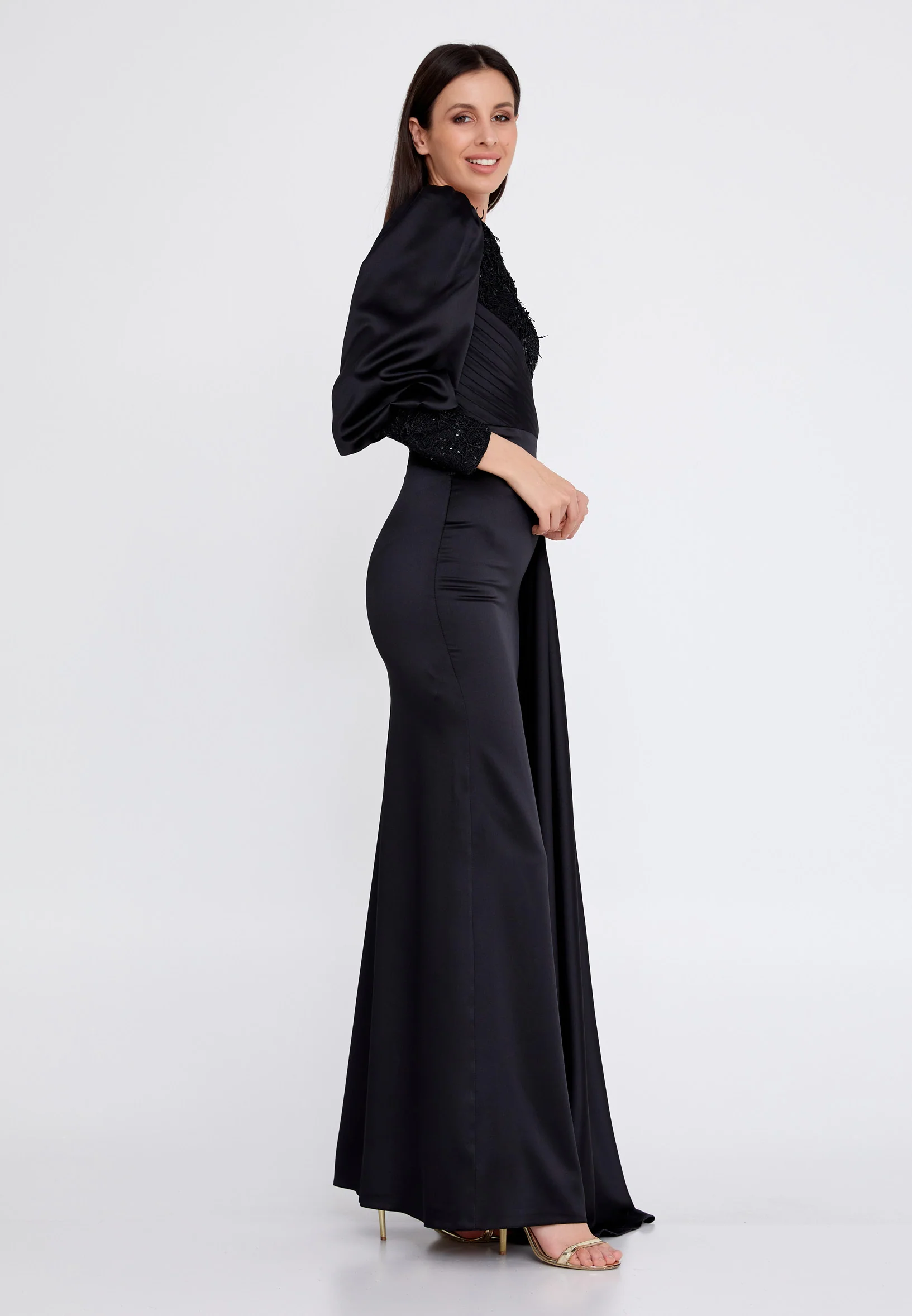 Long Sleeve Maxi Satin Column Regular Wedding Guest Dress rmn3201 - Image 11