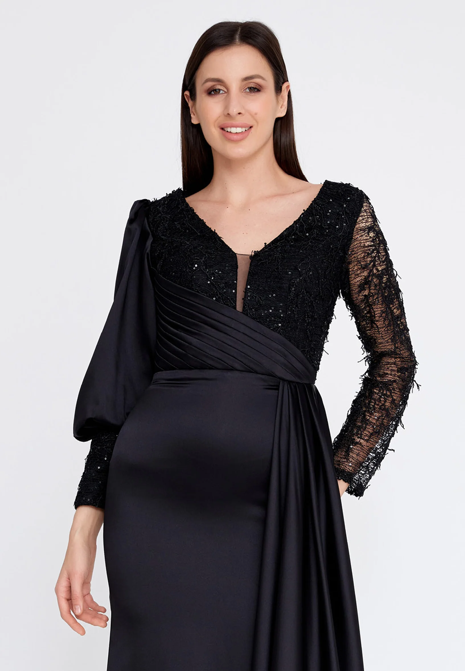 Long Sleeve Maxi Satin Column Regular Wedding Guest Dress rmn3201 - Image 12