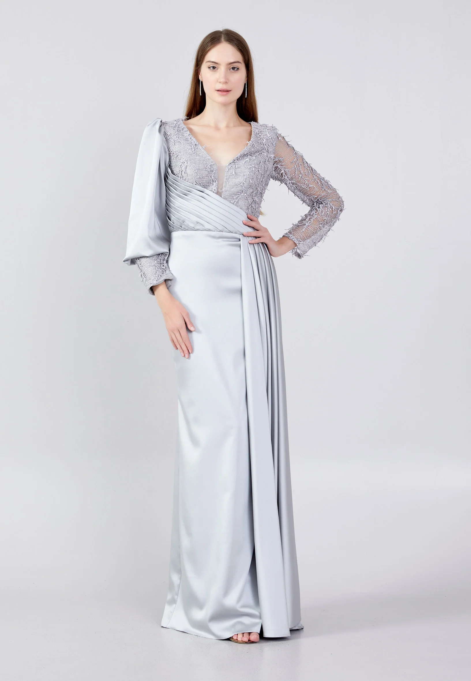 Long Sleeve Maxi Satin Column Regular Wedding Guest Dress rmn3201 - Image 13