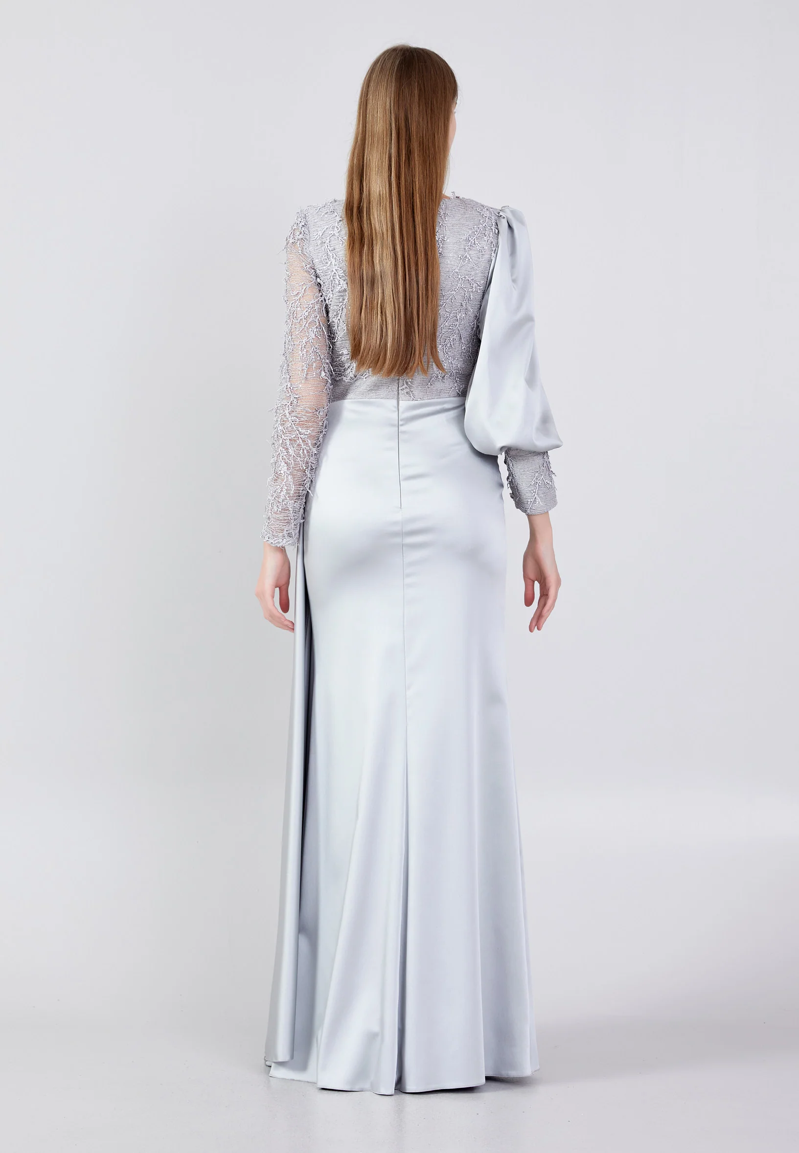 Long Sleeve Maxi Satin Column Regular Wedding Guest Dress rmn3201 - Image 14