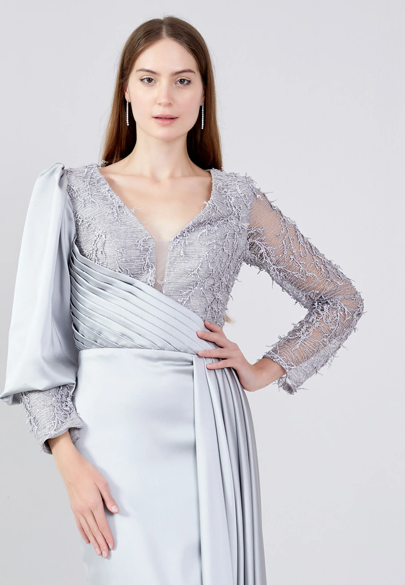 Long Sleeve Maxi Satin Column Regular Wedding Guest Dress rmn3201 - Image 16
