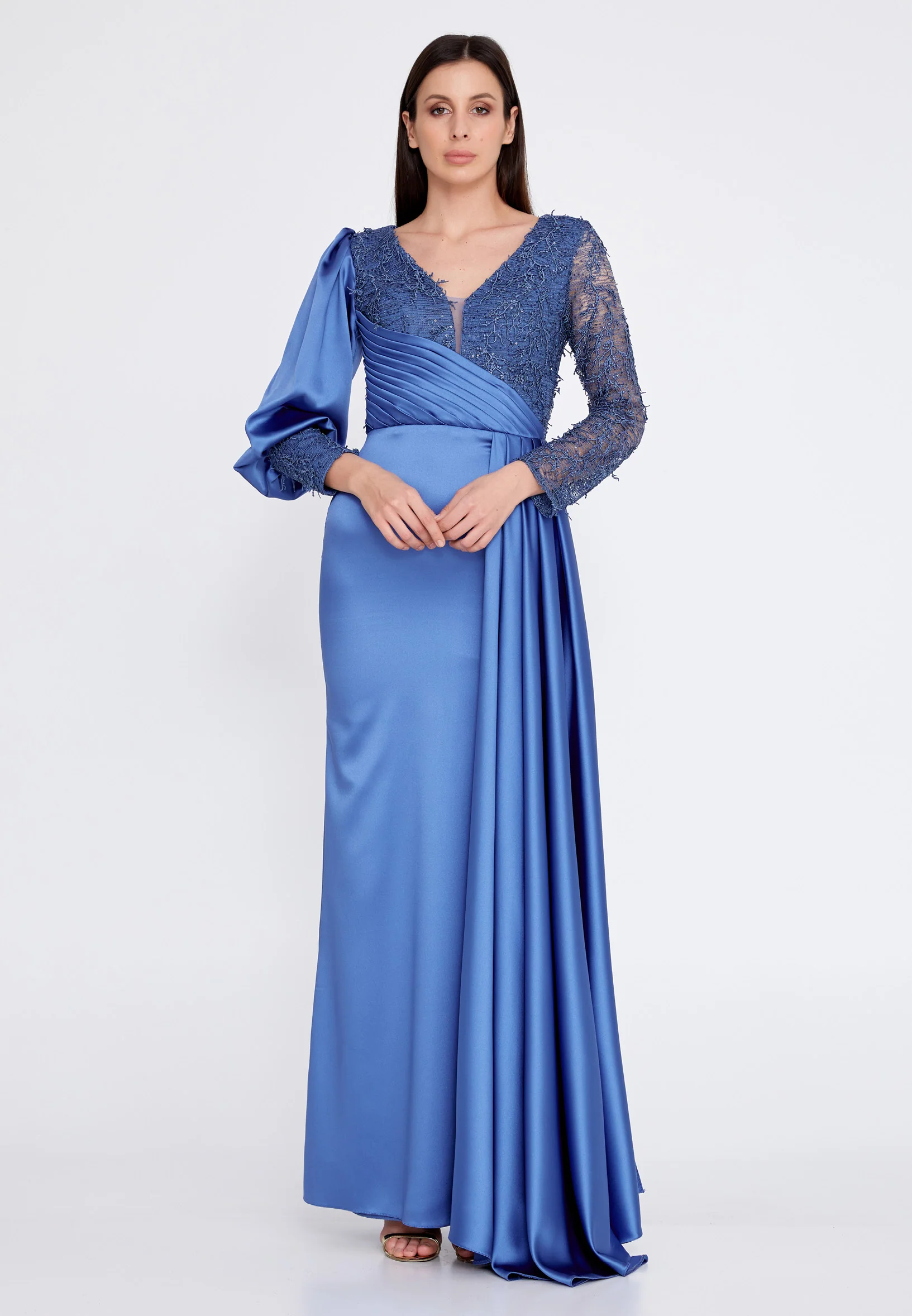 Long Sleeve Maxi Satin Column Regular Wedding Guest Dress rmn3201 - Image 17