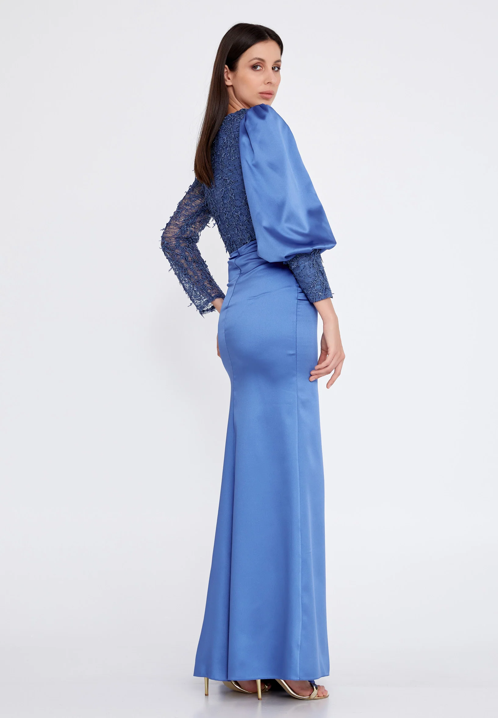 Long Sleeve Maxi Satin Column Regular Wedding Guest Dress rmn3201 - Image 19