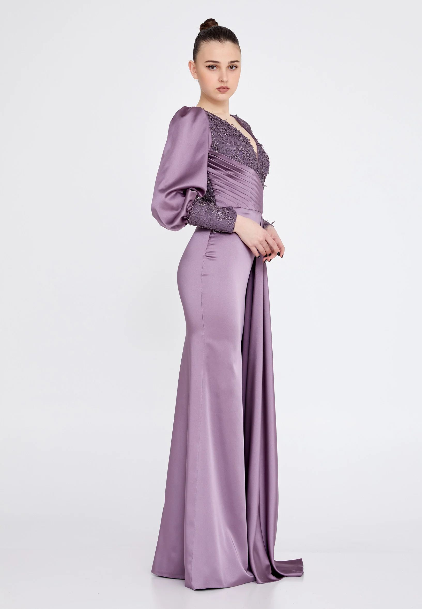 Long Sleeve Maxi Satin Column Regular Wedding Guest Dress rmn3201 - Image 23